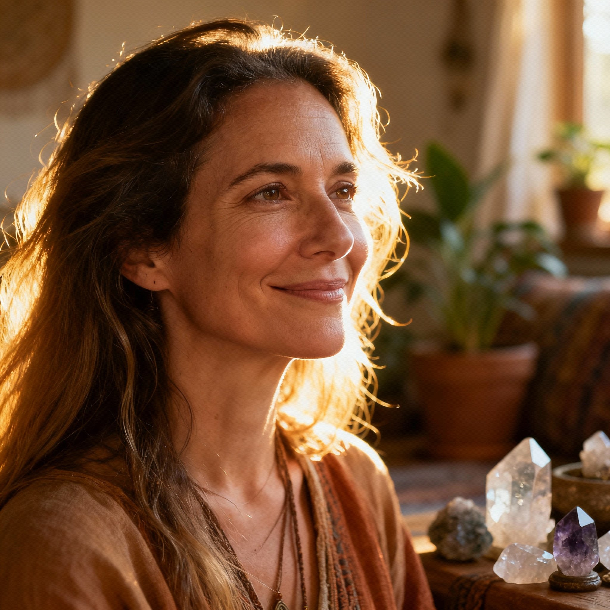 A close-up portrait of a psychic named Becka, who has a warm and empathetic smile and wise eyes, creating a trustworthy and empowering feeling.