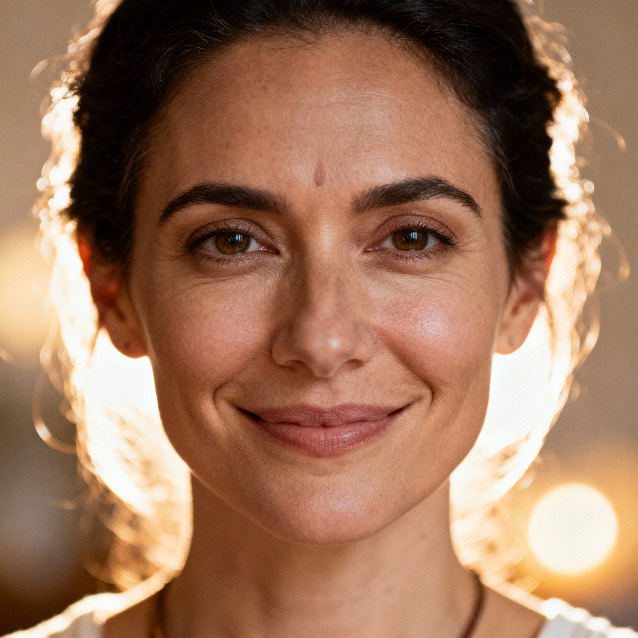 A close-up portrait of psychic advisor Aim Tru. She has a warm, empathetic smile and wise, sincere eyes. The background is filled with soft, warm light, creating an atmosphere of safety and trust.