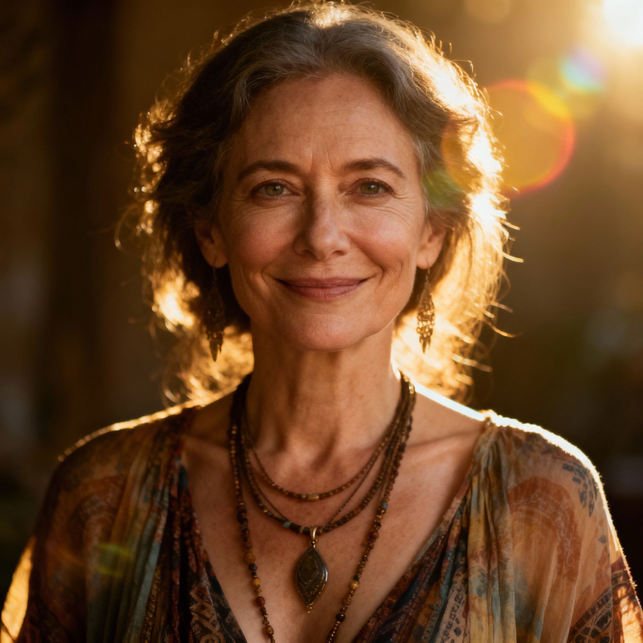 A close-up portrait of psychic Ellisse Camille. She is a woman in her late 30s with warm, wise eyes and a gentle, empathetic smile, creating an atmosphere of trust and compassion.