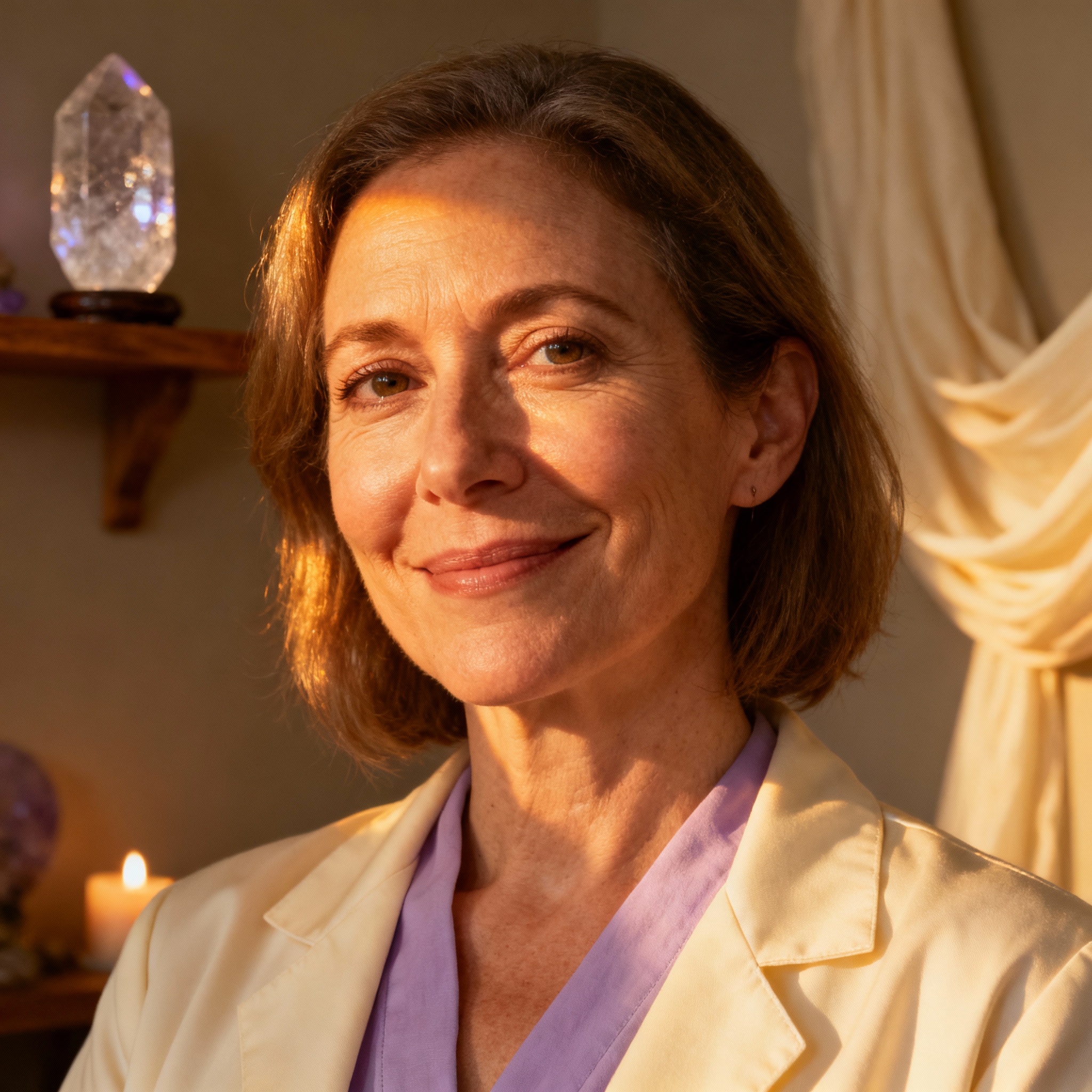A close-up portrait of a wise and compassionate middle-aged female psychic, who has a gentle smile and kind eyes, evoking a sense of trust.