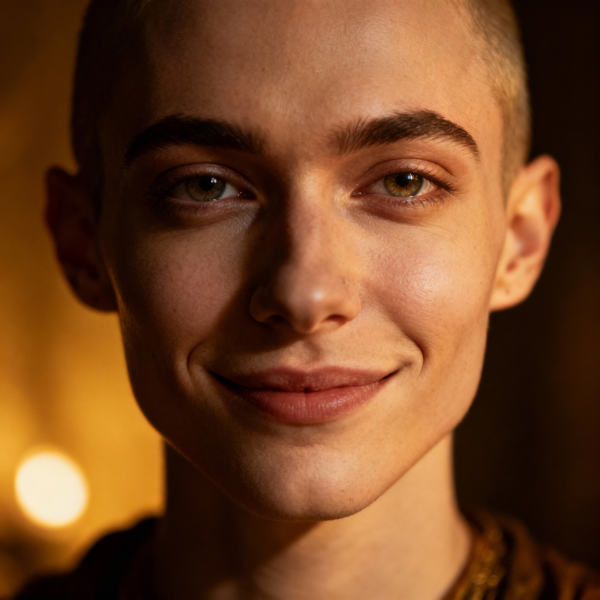 A close-up, shoulders-up portrait of the psychic Gender Mystic. They have a soft, insightful gaze and a warm, trustworthy expression, set against a softly blurred, warm-toned background, creating a sense of an 'insightful friend' rather than a distant oracle.