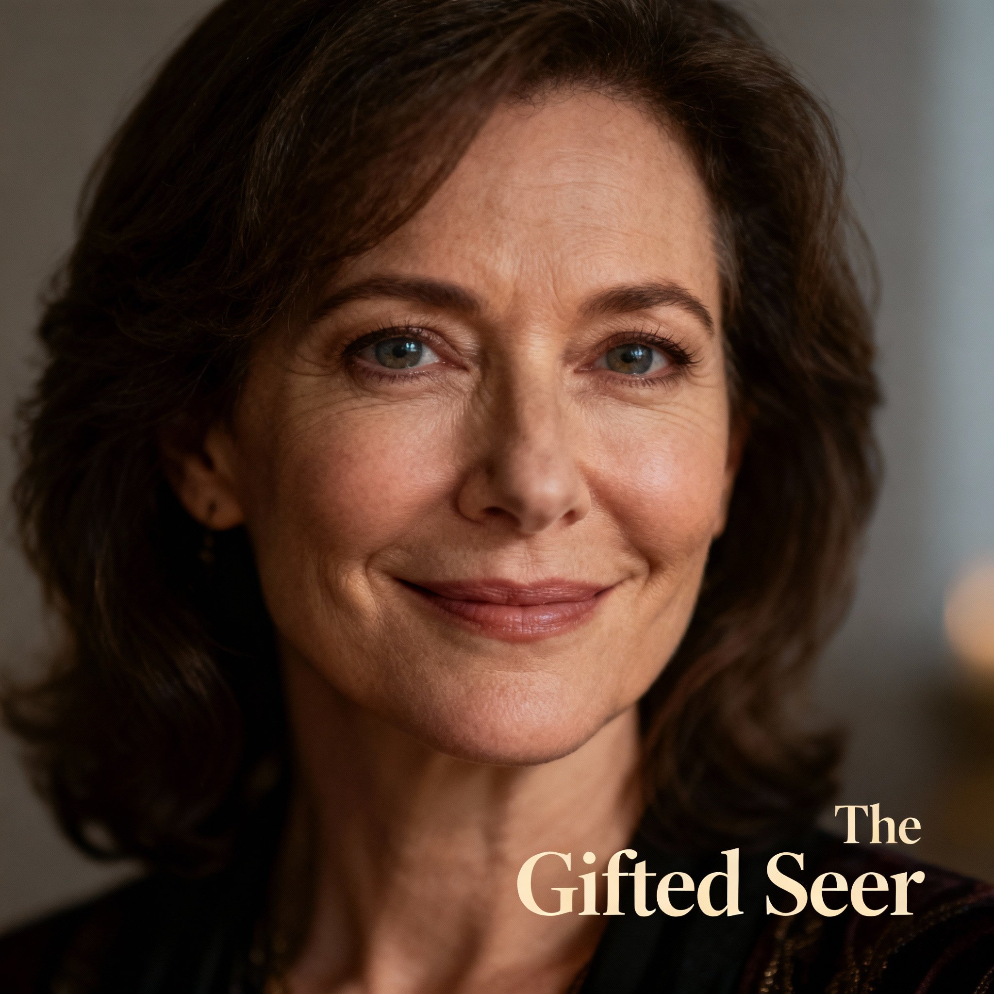 A close-up portrait of a wise and compassionate middle-aged female psychic, looking directly at the camera with a gentle yet firm gaze, creating a sense of professionalism and trust.