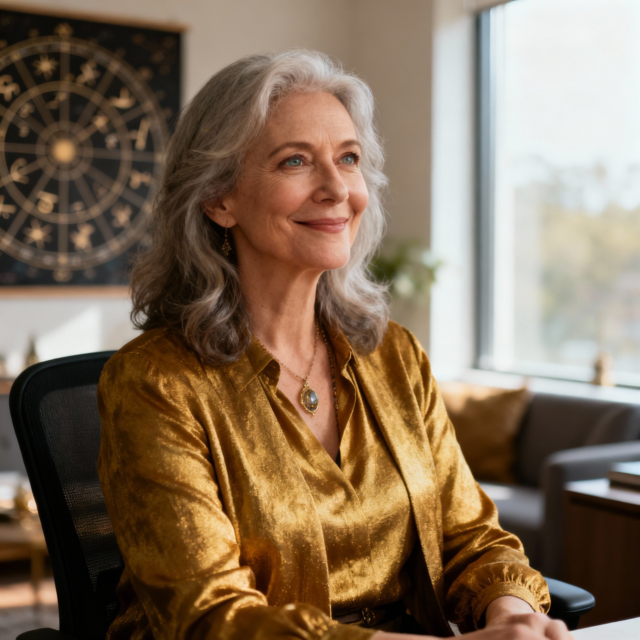 A close-up portrait of Dara, a female psychic in her 40s, with a warm, wise smile and empathetic eyes. The background is a soft, cozy consultation room, conveying a sense of trust.