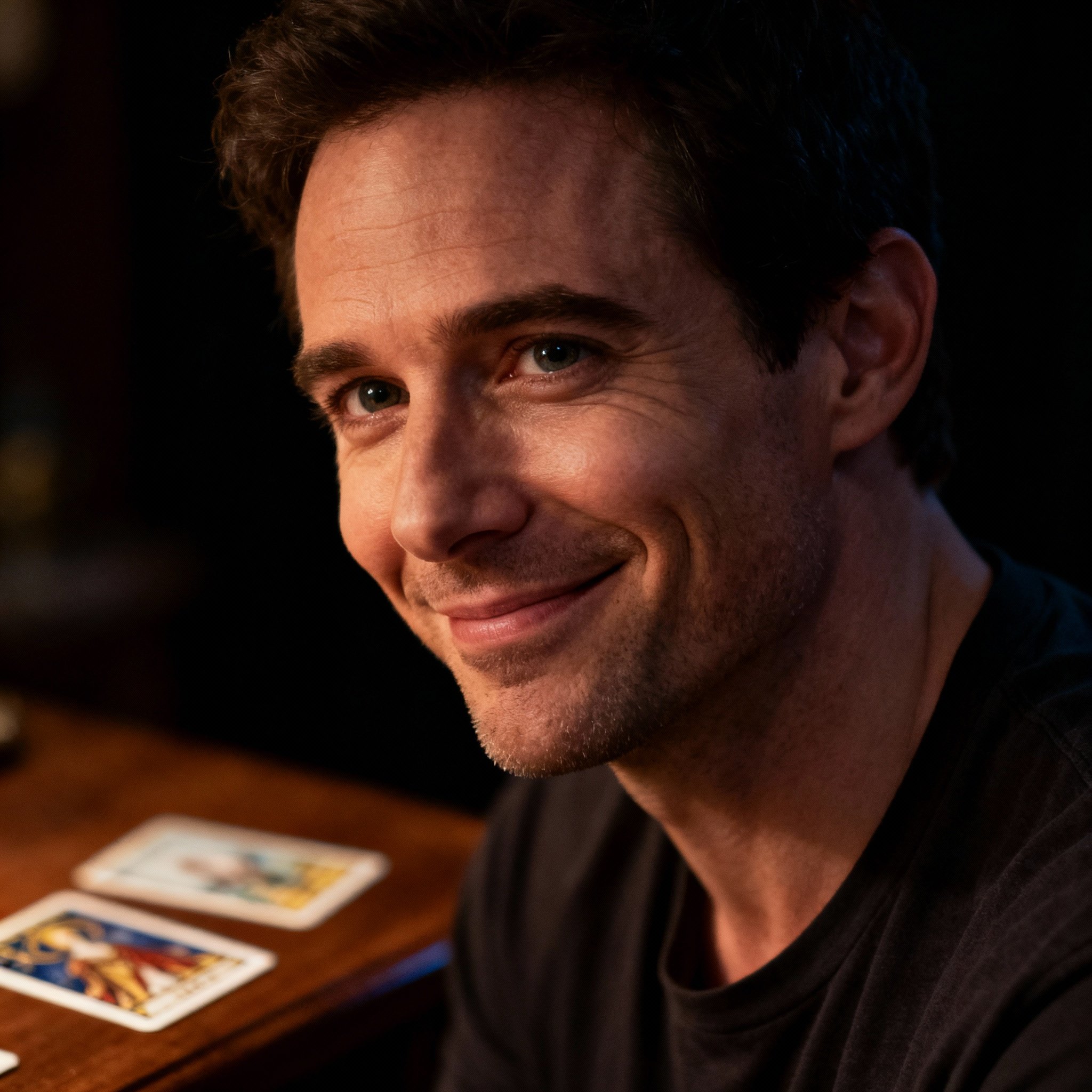 A close-up portrait of a male psychic named Stephen, with a kind yet perceptive gaze, against a backdrop of soft light, creating an atmosphere of trust and wisdom.