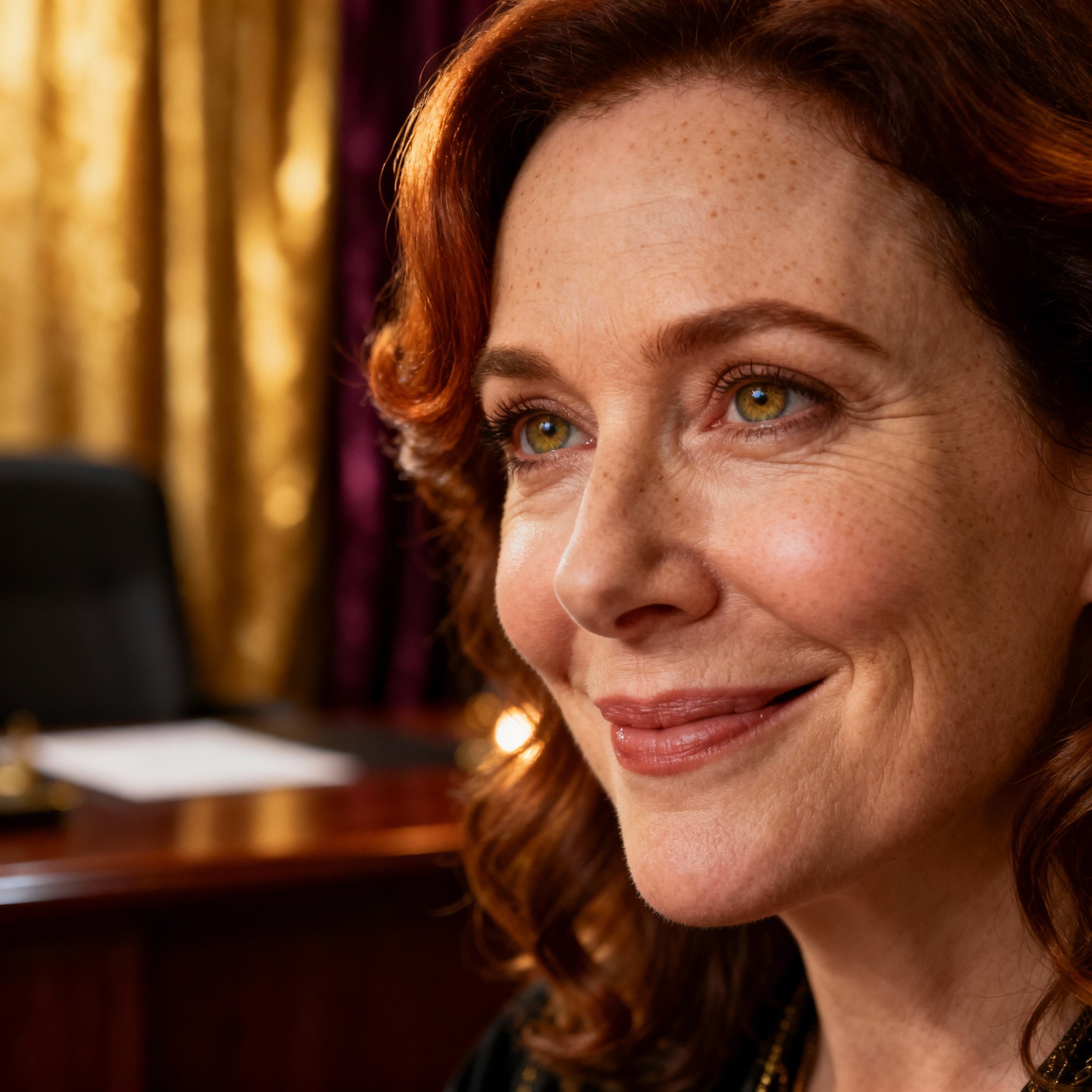 A close-up portrait of Psychic Mau, a wise and compassionate middle-aged woman. She has kind eyes and a gentle smile, with a soft background that creates an atmosphere of trust and comfort.