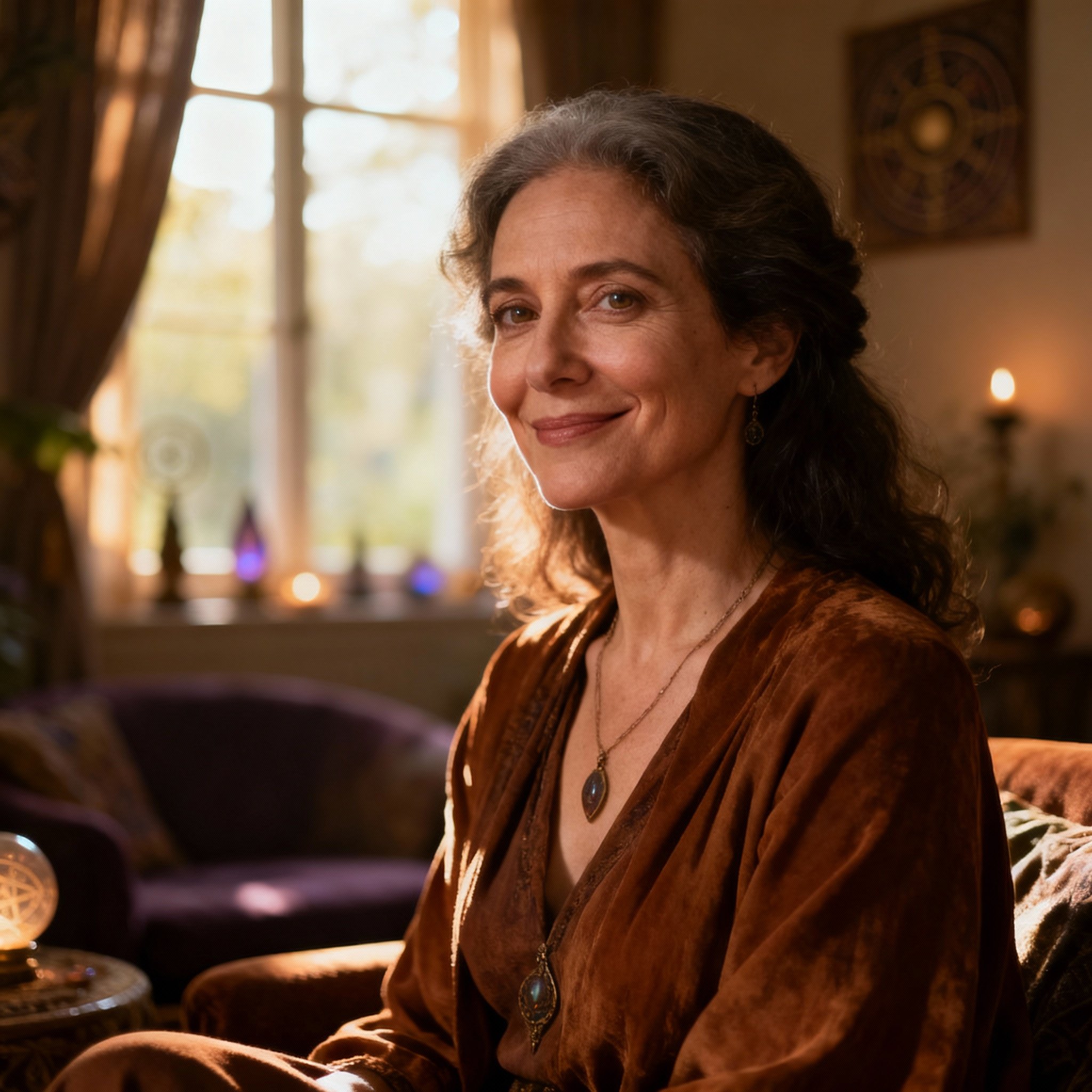A close-up portrait of a compassionate and wise female psychic, whose warm gaze conveys trust and sincerity, against a soft background.