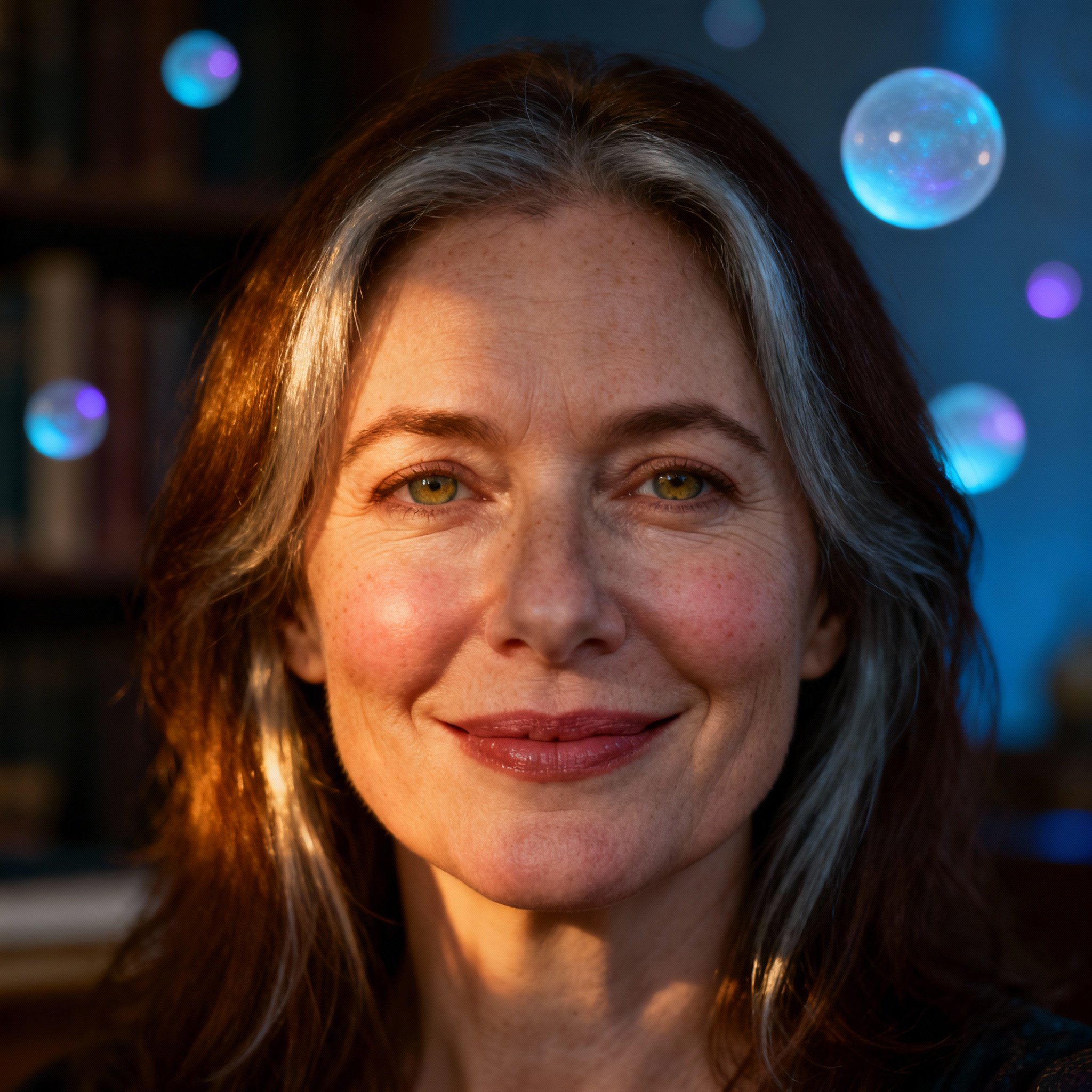 A close-up portrait of a compassionate female psychic, Jo, with a wise look in her eyes and a soft, inviting background, creating an atmosphere of trust and warmth.