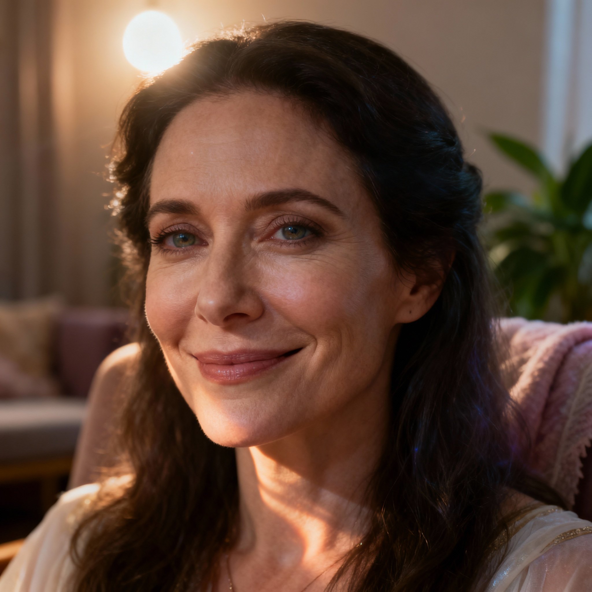 A close-up avatar of a female psychic named 'Love Advisor Angel'. She has a warm, understanding smile and wise eyes, conveying a sense of trustworthiness.