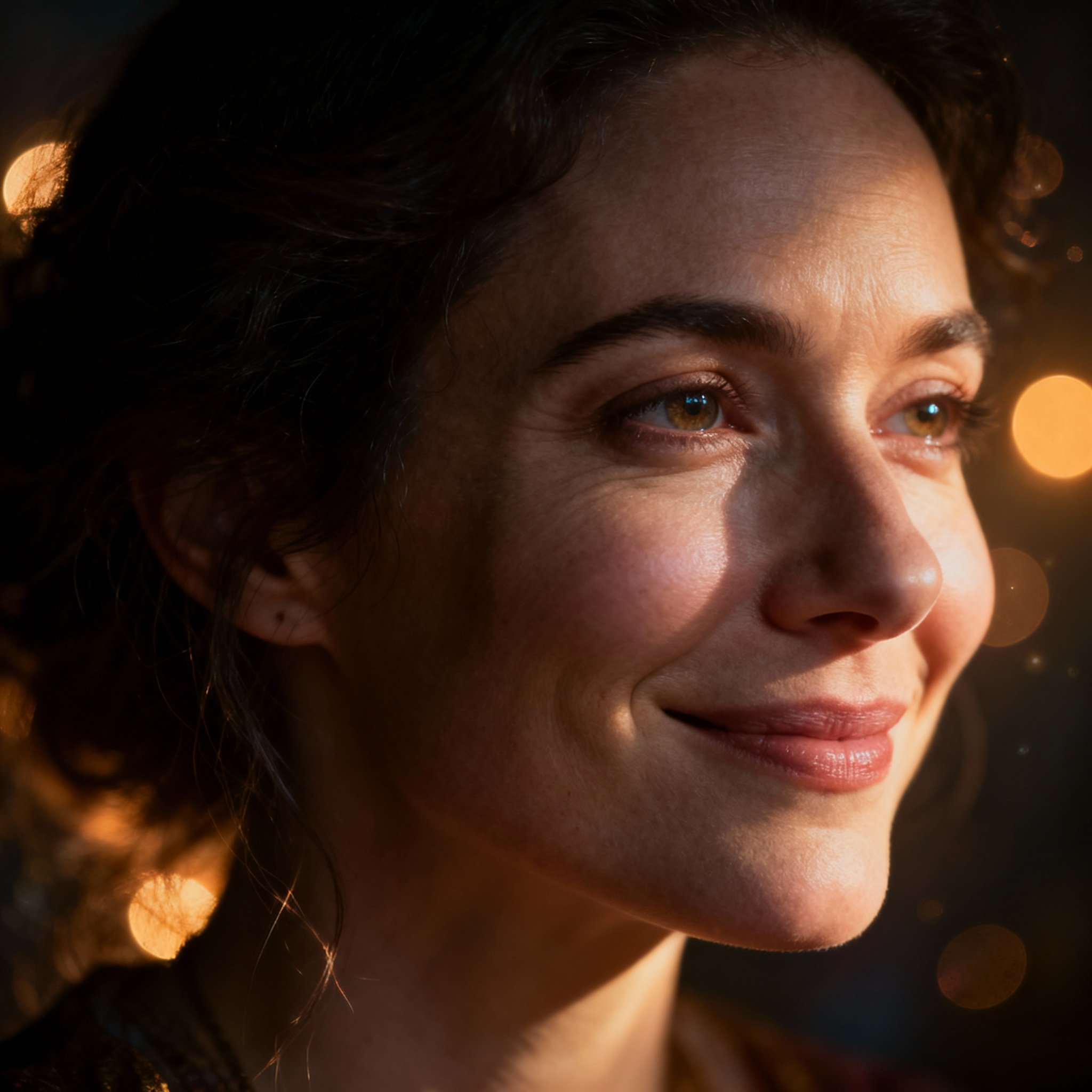A close-up portrait of the psychic Rosie, featuring a warm and genuine smile, with eyes full of wisdom and compassion. Soft light illuminates her face from the side, against a background of warm bokeh light spots, creating a trustworthy and friendly atmosphere.