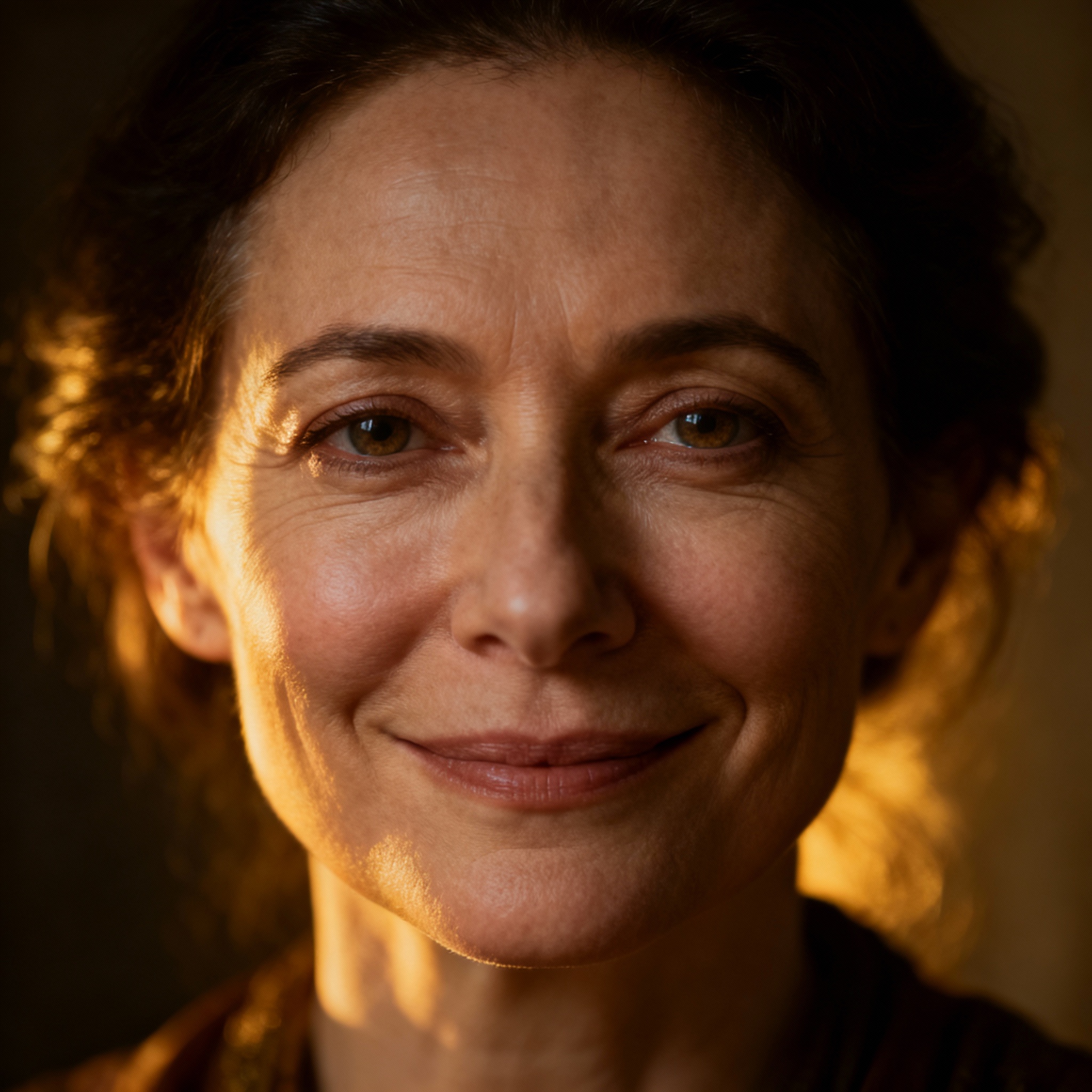 A close-up portrait of a compassionate psychic advisor with warm eyes, exuding wisdom and trust against a soft, blurred background.