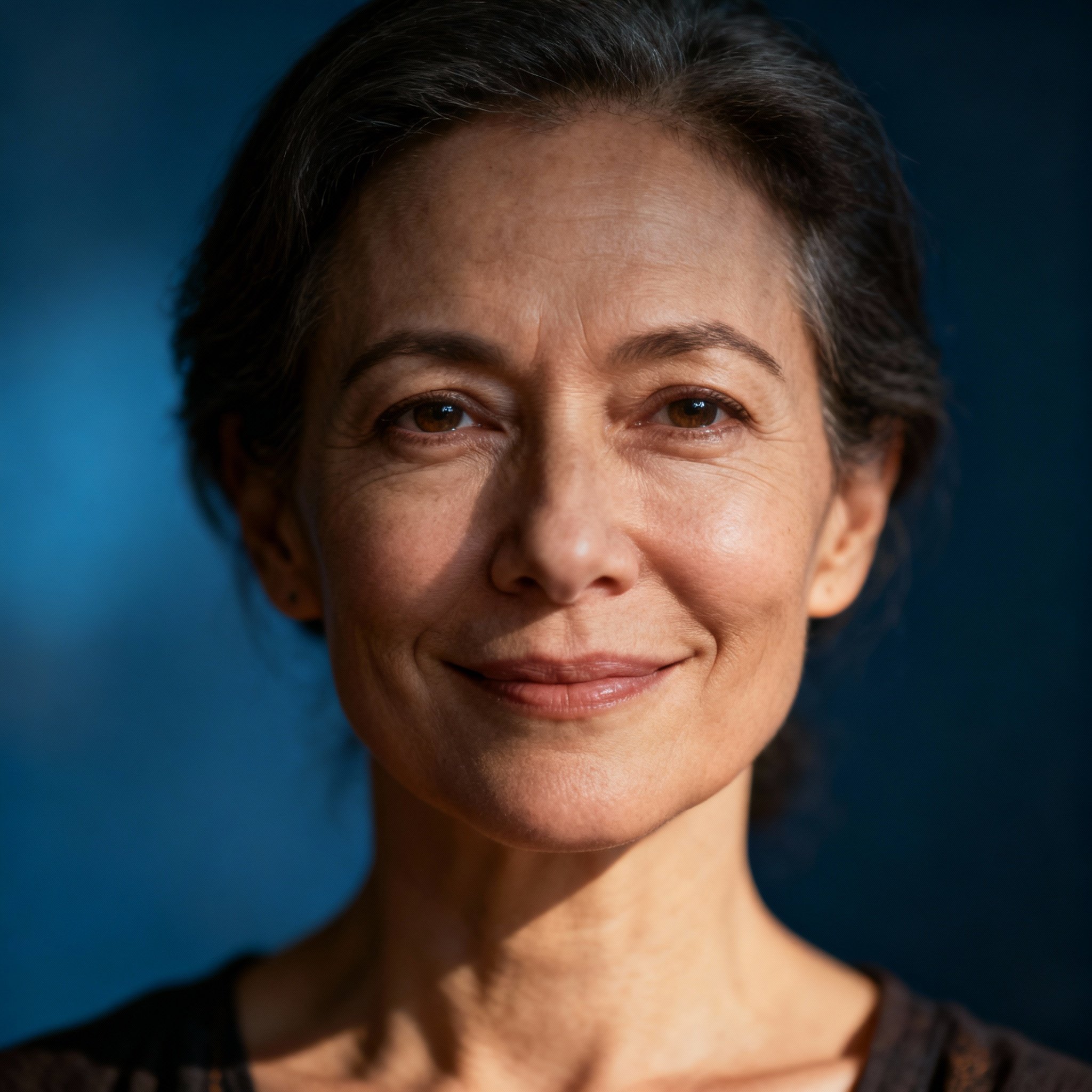 A close-up portrait of a wise and kind middle-aged female psychic. She looks directly at the camera, her eyes conveying honesty and insight, with a soft background creating a trustworthy atmosphere.