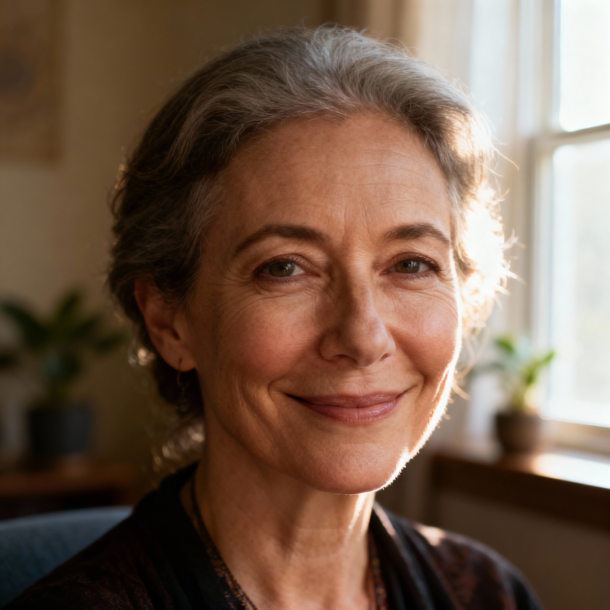 A close-up portrait of a psychic named Harmony, a woman in her 40s with a calm and wise smile. Soft window light illuminates her face against the backdrop of a cozy room, creating a warm, trustworthy atmosphere.