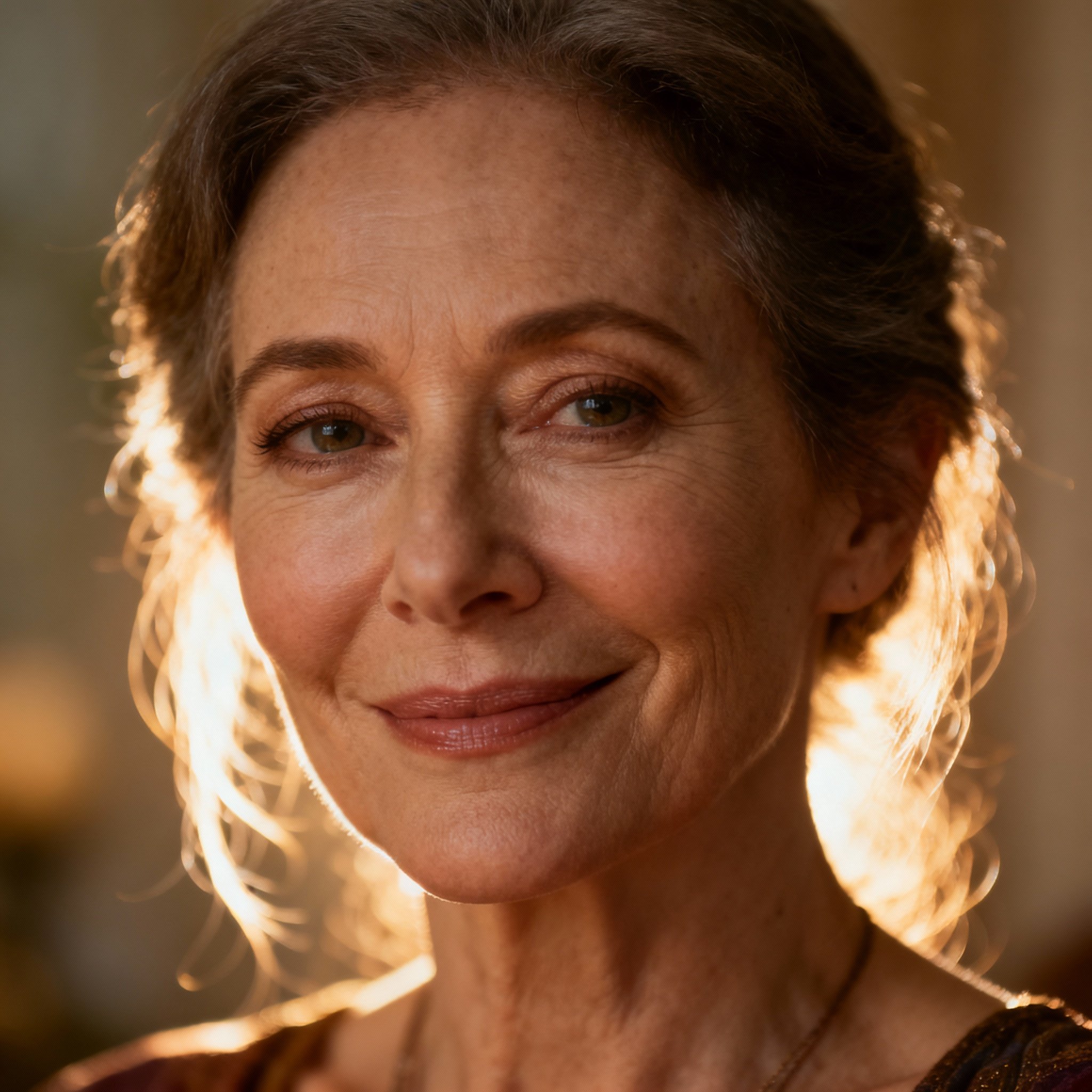 A close-up portrait of a middle-aged female psychic, her eyes are warm and empathetic, with a knowing smile, set against a soft background, creating a trustworthy and professional atmosphere.
