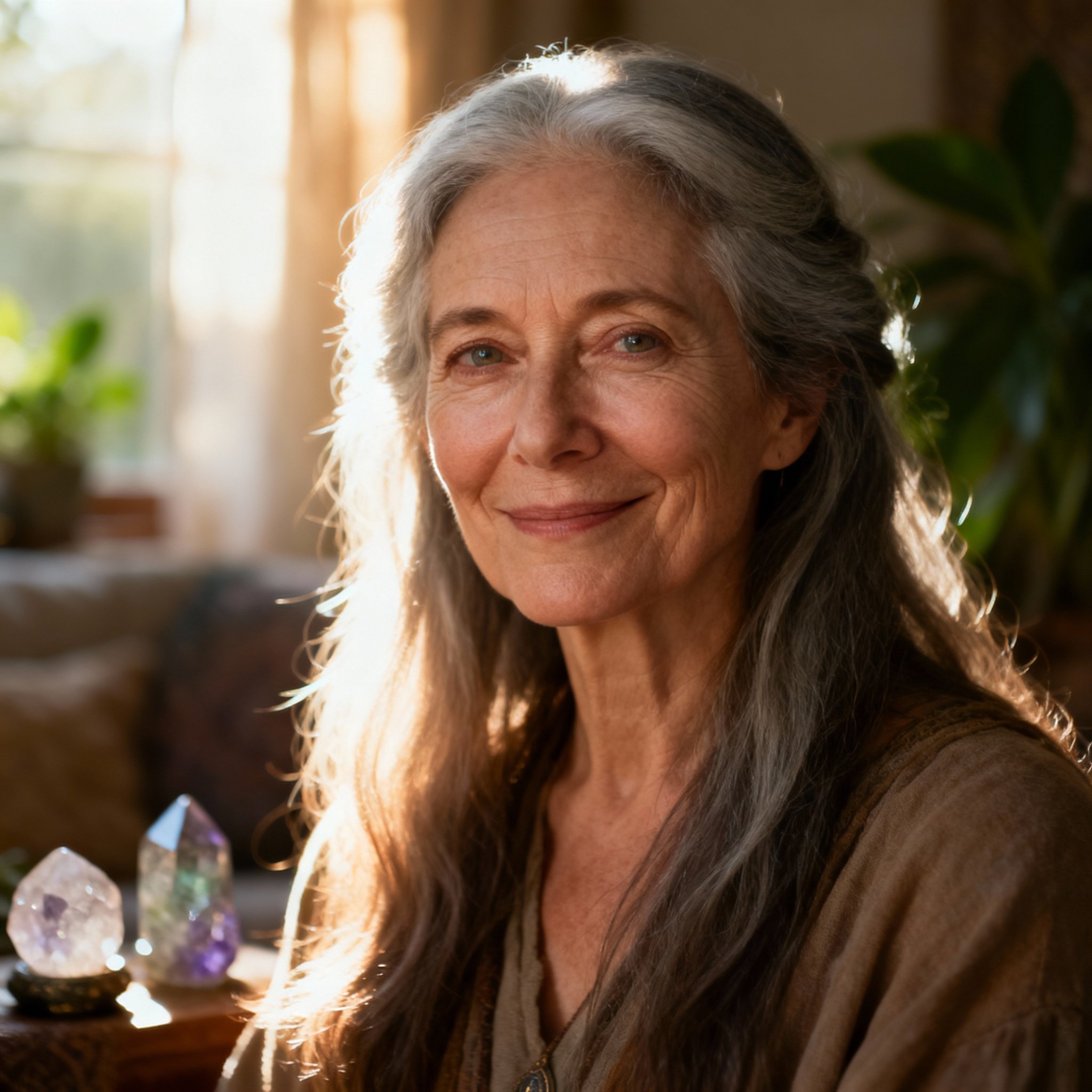 A close-up portrait of Ask Willow, a warm and compassionate middle-aged female psychic. She has wise eyes and a gentle smile, with a soft, natural background, conveying trust and deep intuition.
