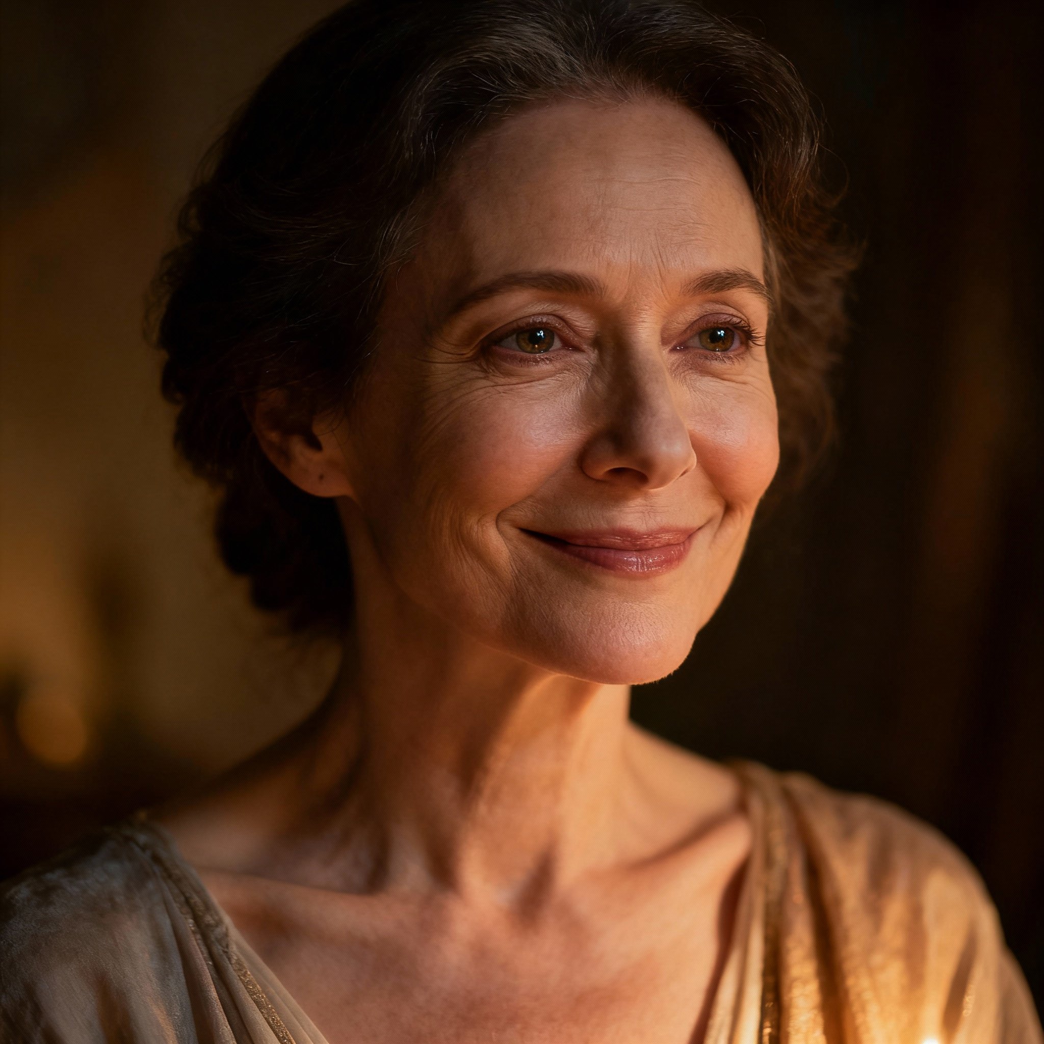 A portrait of a female psychic in her 40s with a warm, knowing smile. Her eyes convey wisdom and compassion, with a soft-focus background creating a trustworthy atmosphere.