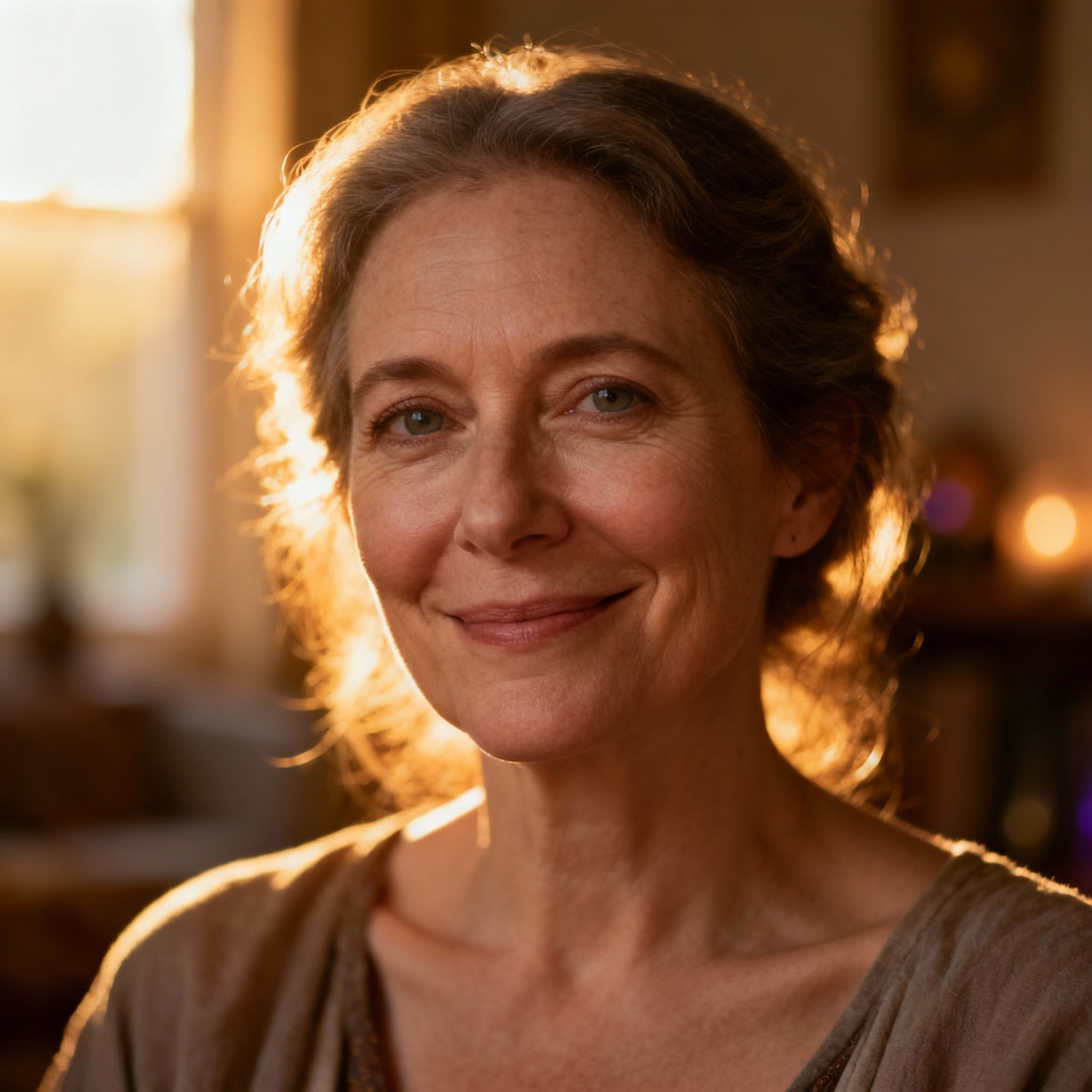 A portrait of a middle-aged female psychic named Just Jo, who has kind eyes and a warm, sincere smile, projecting a feeling of approachability and compassion. The background is a soft-focus indoor setting, with warm light that makes her look like a trustworthy friend.
