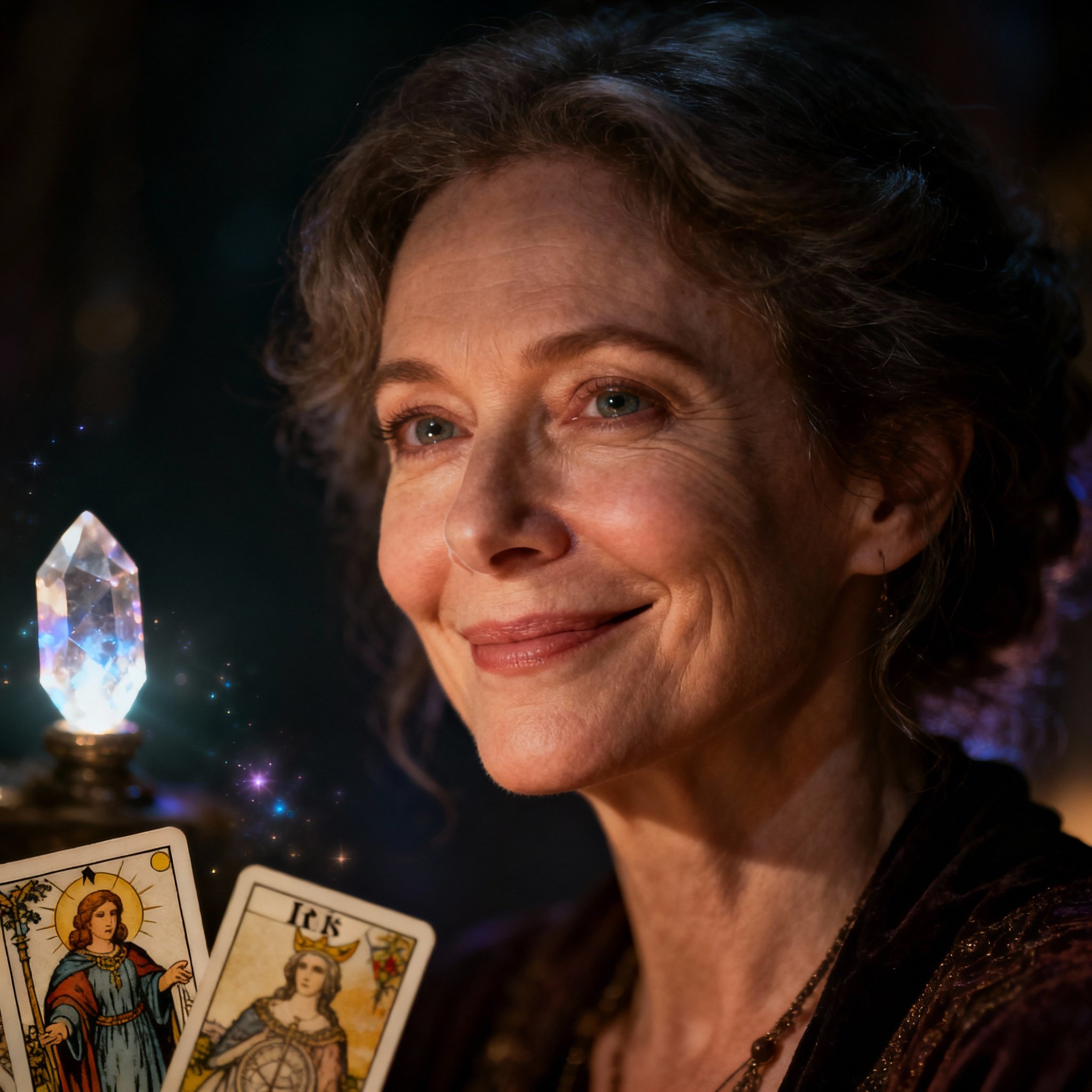 A close-up portrait of Divine Iris, a wise and compassionate female psychic. She appears to be in her 40s, with warm eyes and a serene smile. Soft light illuminates her face, with tarot cards and glowing crystals subtly blurred in the background, creating a mystical yet trustworthy atmosphere.