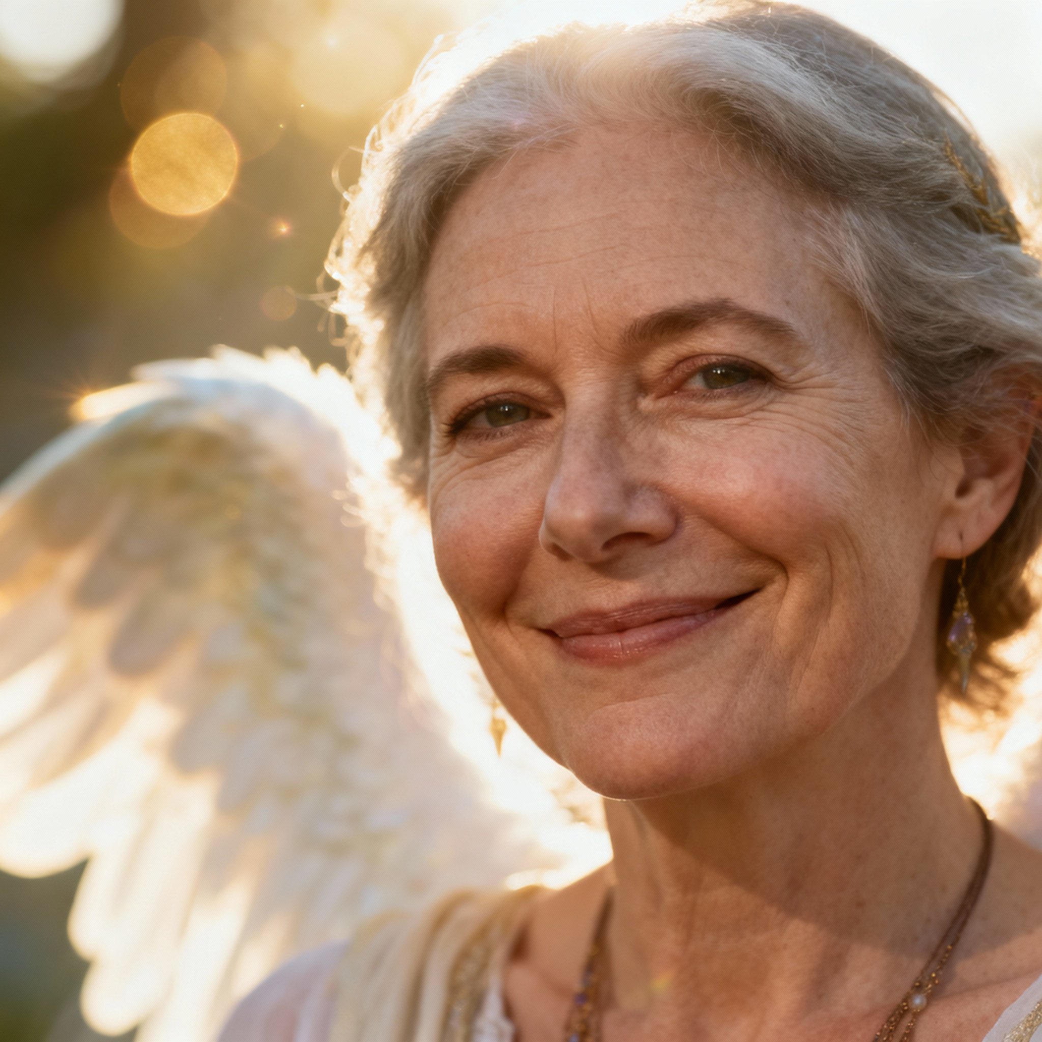 A close-up portrait of a warm, wise middle-aged female psychic. Her eyes are kind, and there is a soft halo of light in the background, symbolizing her angelic connection and creating a strong sense of trust.