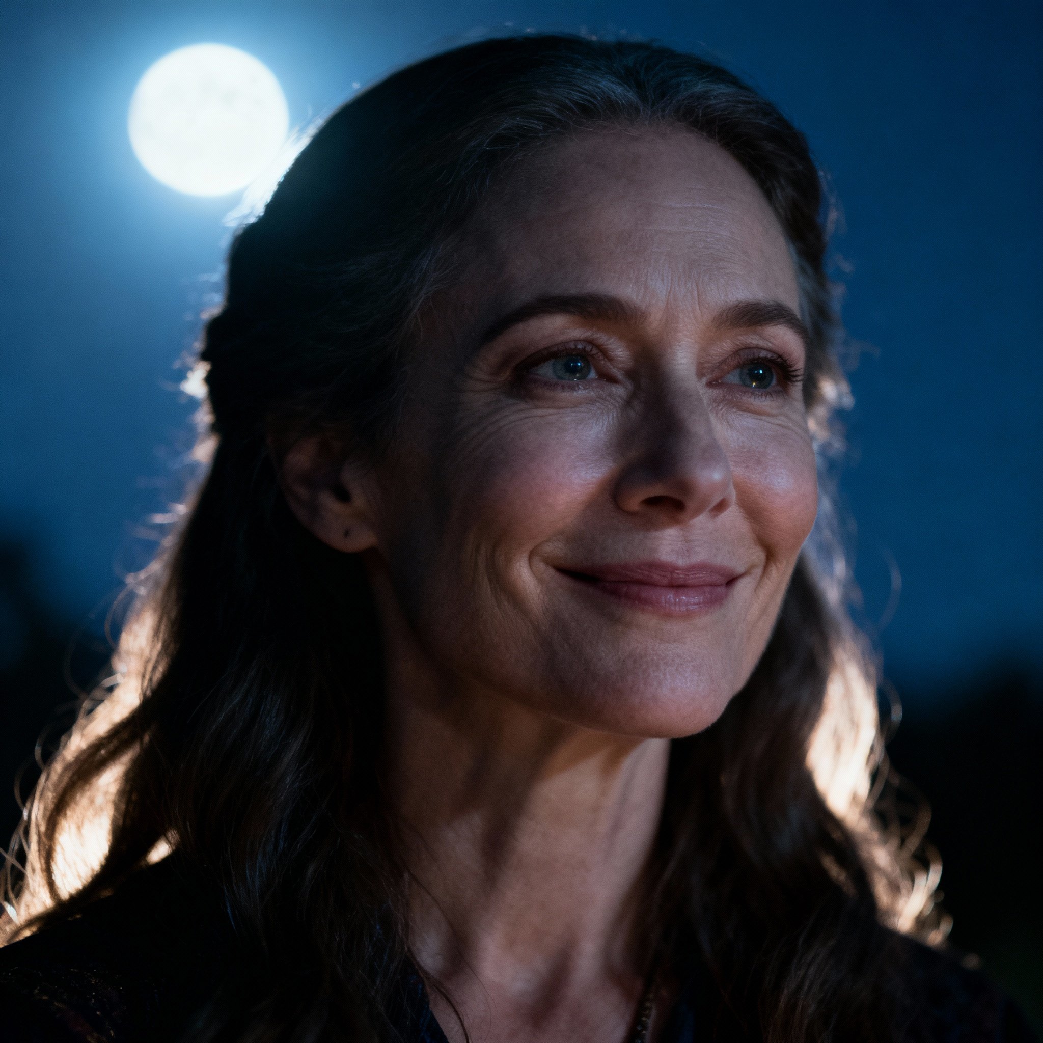 A close-up portrait of a psychic named Moon. She has wise and warm eyes, with a soft moonlight background creating an atmosphere of trust and mystery.