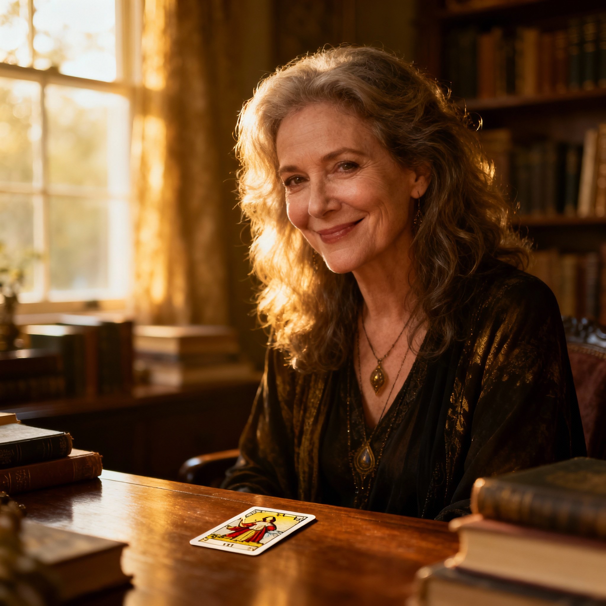 A close-up portrait of a wise and compassionate middle-aged female psychic. She has a warm, knowing smile, with soft lighting in the background creating a sense of trust and serenity.