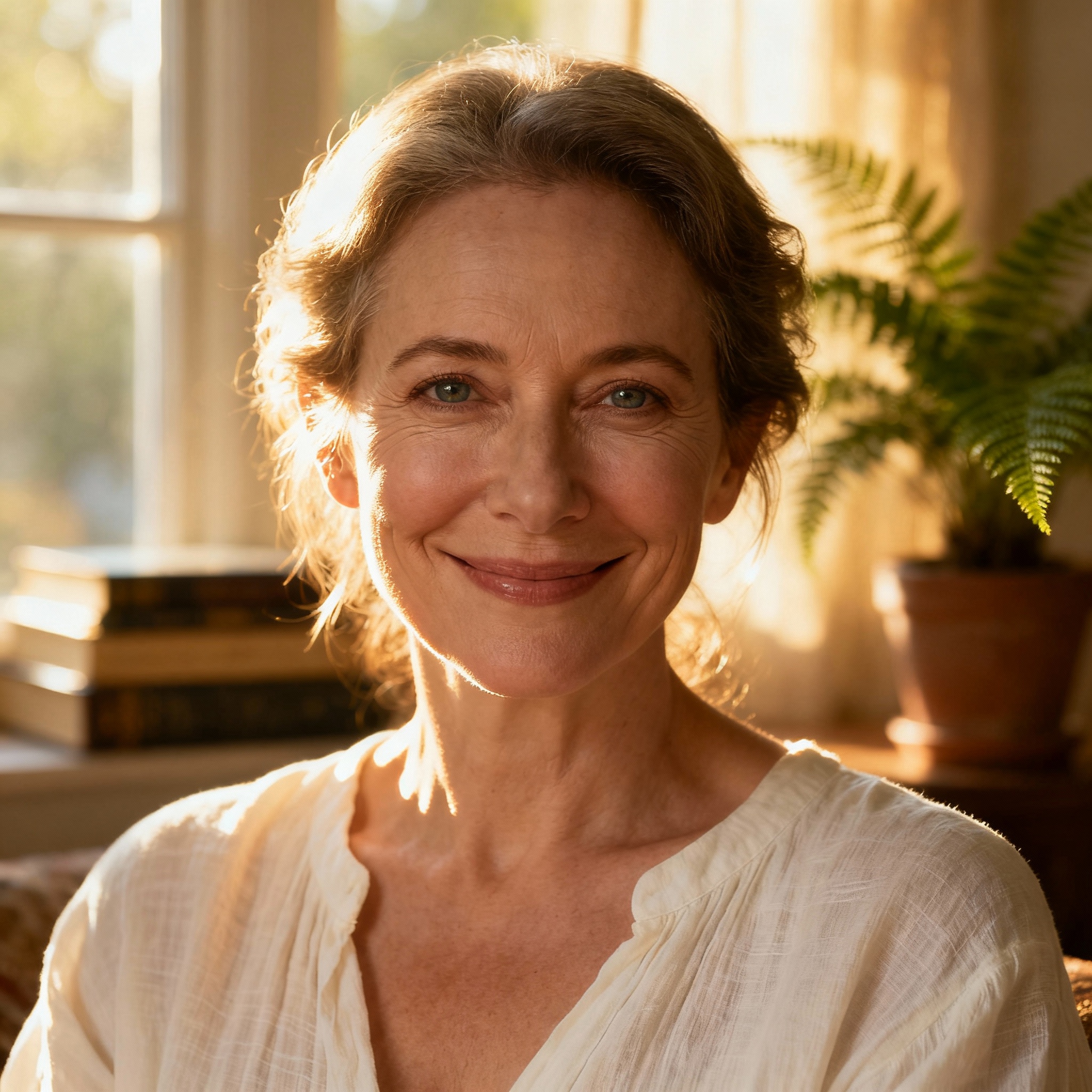 A close-up portrait of a middle-aged female psychic with a warm, empathetic smile and wise, kind eyes, set against a soft, blurred background.