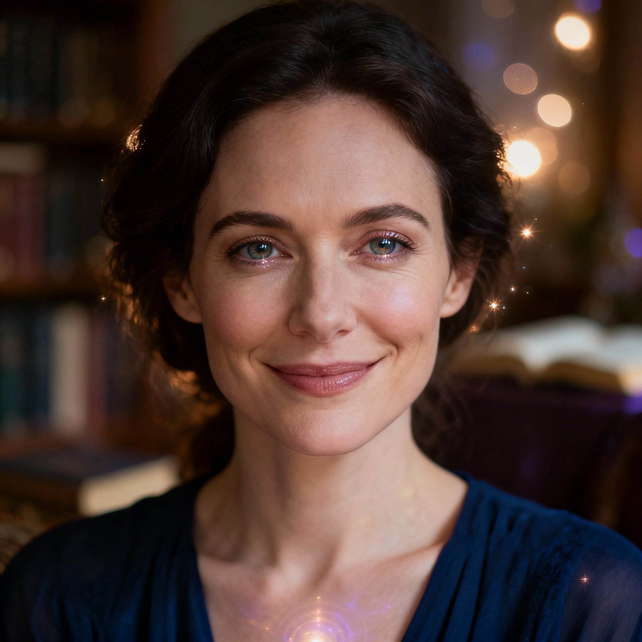 A close-up portrait of a psychic named Maddie, with warm, wise eyes and a soft background, conveying a sense of calm and trust.