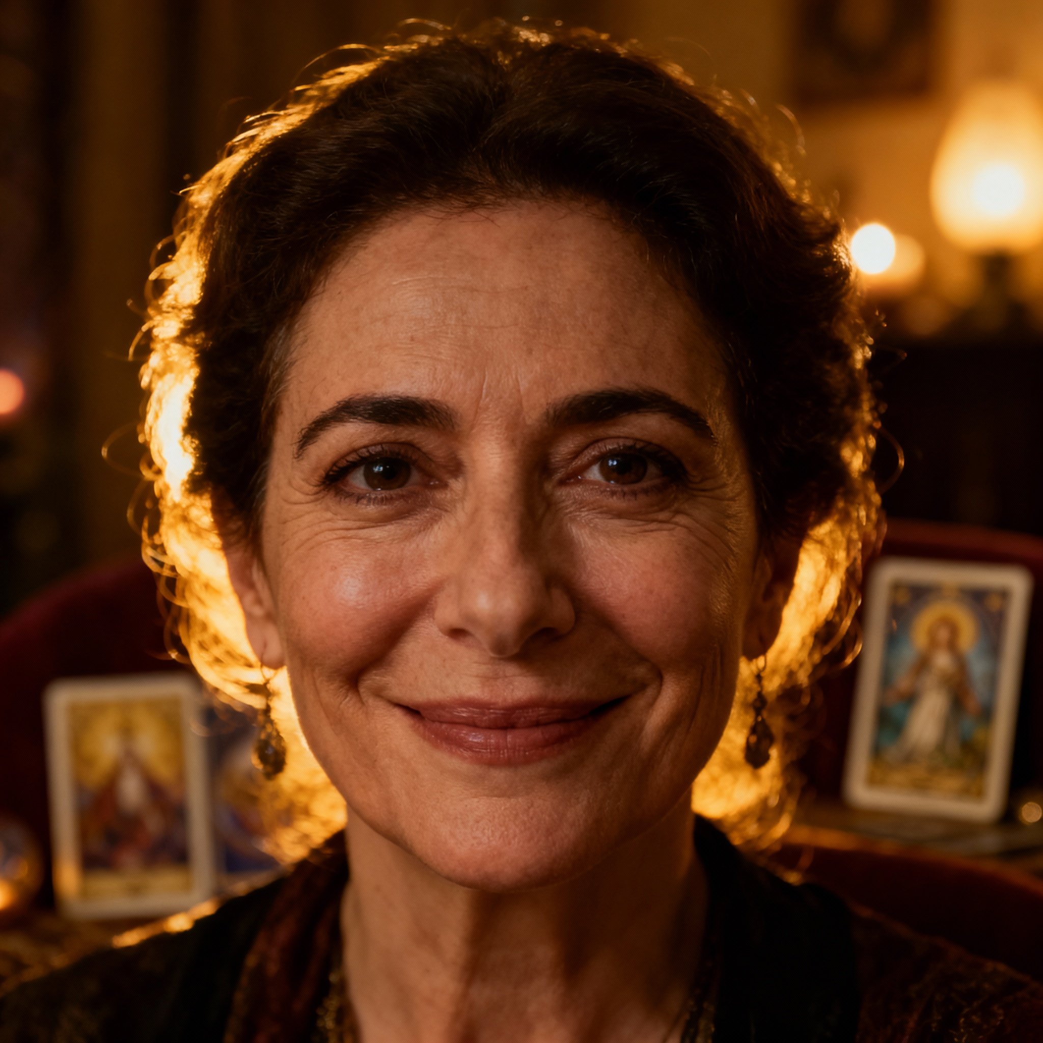 A close-up portrait of a psychic named The Italian Mystica, featuring a warm, wise smile against a softly lit background, creating a sense of trust and compassion.