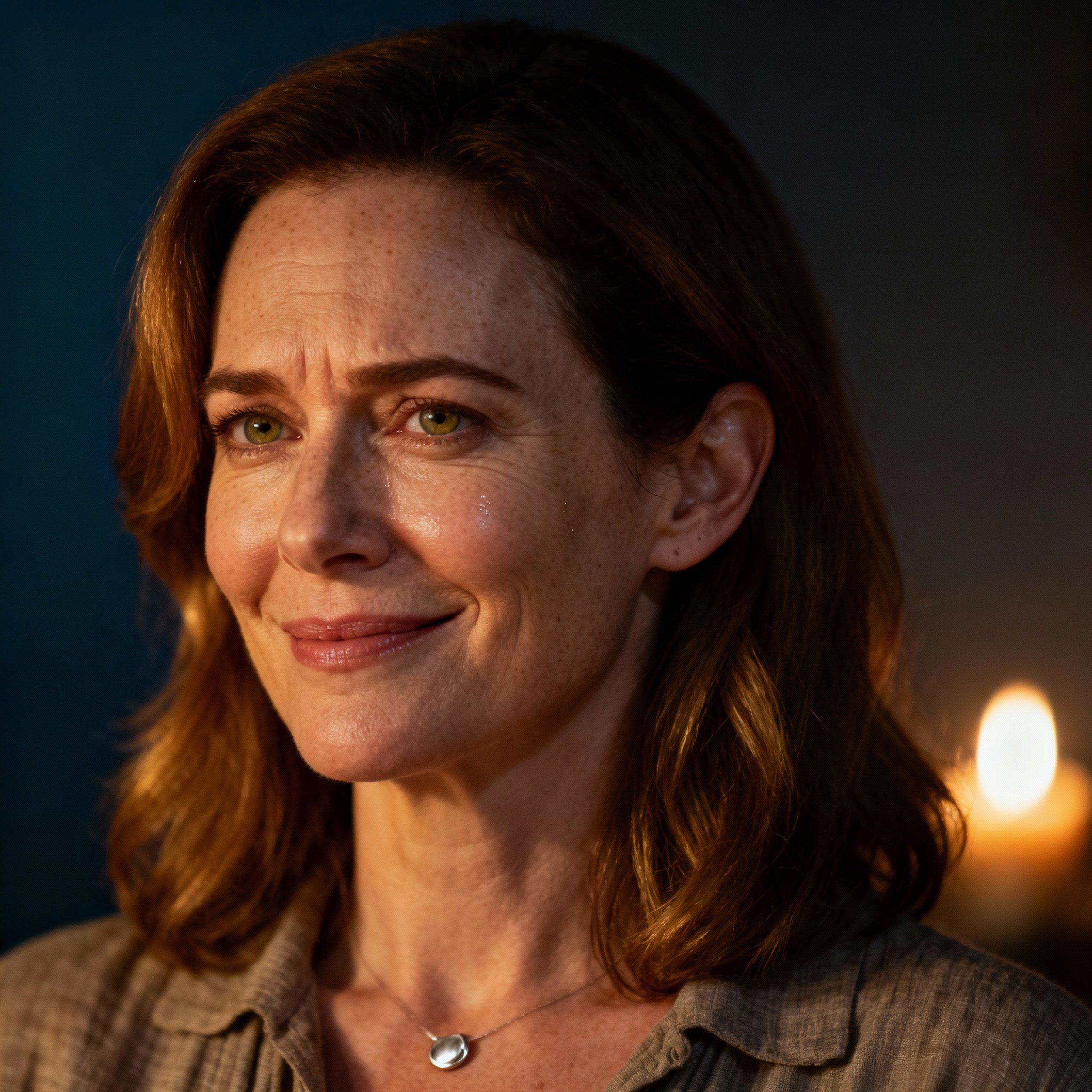 A close-up portrait of a mature, wise, and empathetic female psychic advisor. Her gaze is firm yet warm, creating a strong sense of trust. The lighting is soft, highlighting her confident and approachable demeanor.