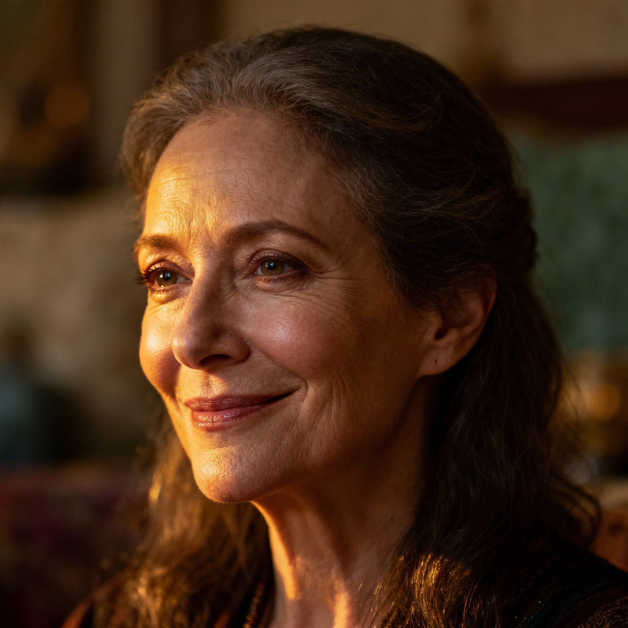 A close-up portrait of a wise and compassionate middle-aged female psychic, Esperanza. Her gaze is warm, her expression sincere, and the soft background creates an atmosphere of trustworthiness.