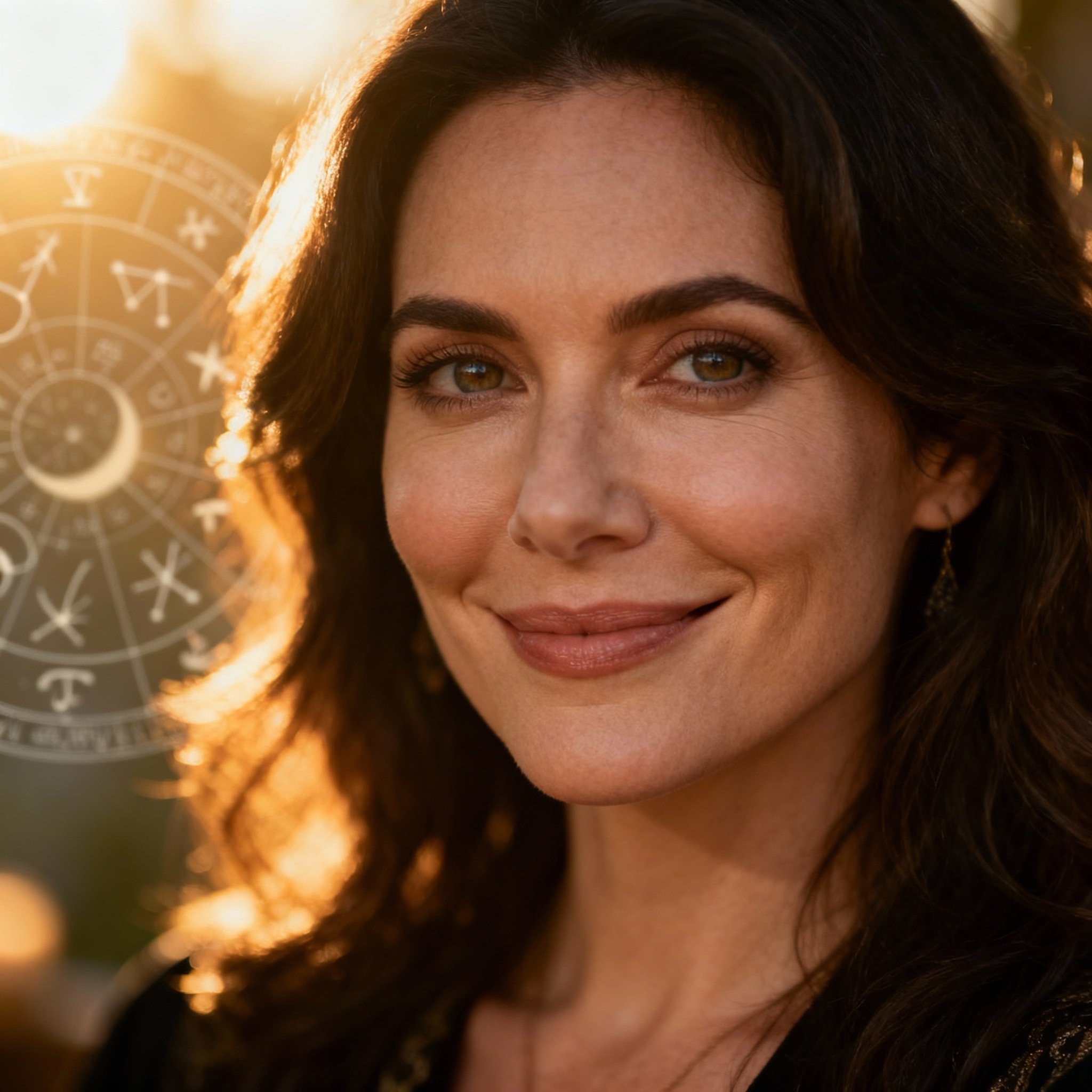 A close-up portrait of a psychic advisor named Victoria Jae, smiling warmly with a wise expression, set against a backdrop of soft light and subtle astrological elements, creating a trustworthy and empathetic atmosphere.