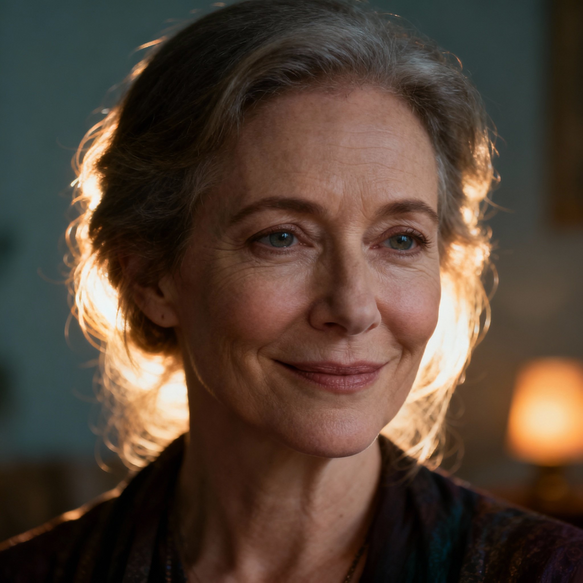 A close-up portrait of a psychic woman named Suzie, her gaze is warm and wise, set against a soft, gentle background, creating an atmosphere of trust and empathy.