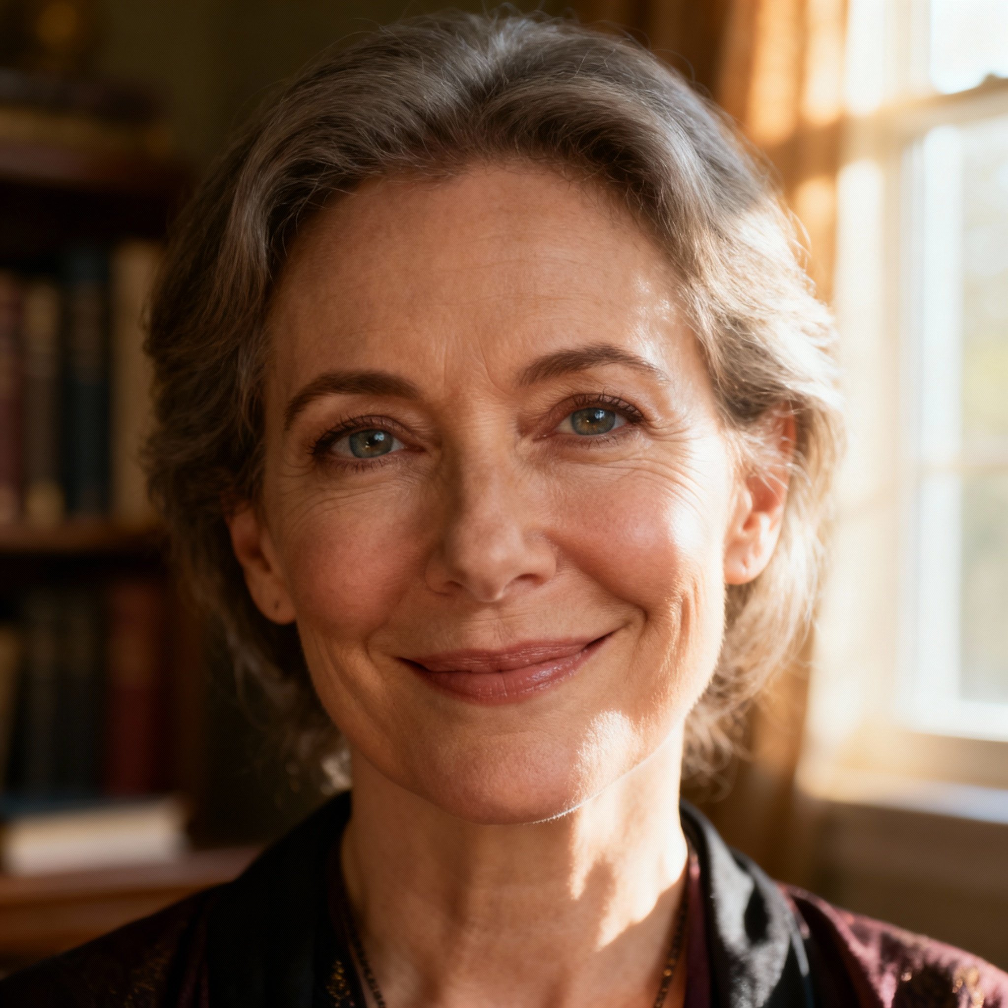 A close-up portrait of psychic Michele, with a warm and empathetic smile. The background is a soft, cozy study, creating a sense of trust and safety.