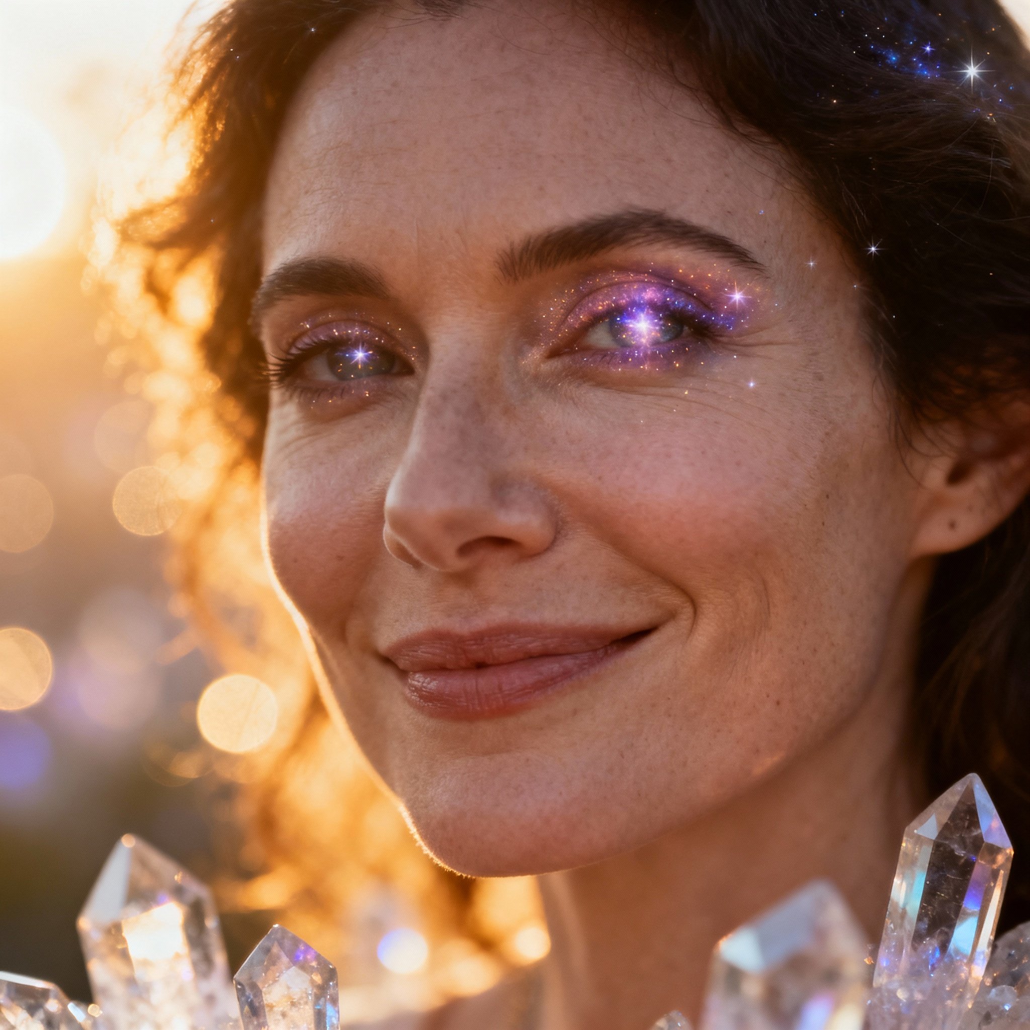 A close-up portrait of a warm and compassionate female psychic with starry, deep eyes, set against a backdrop of soft light, creating a sense of trust and mystery.