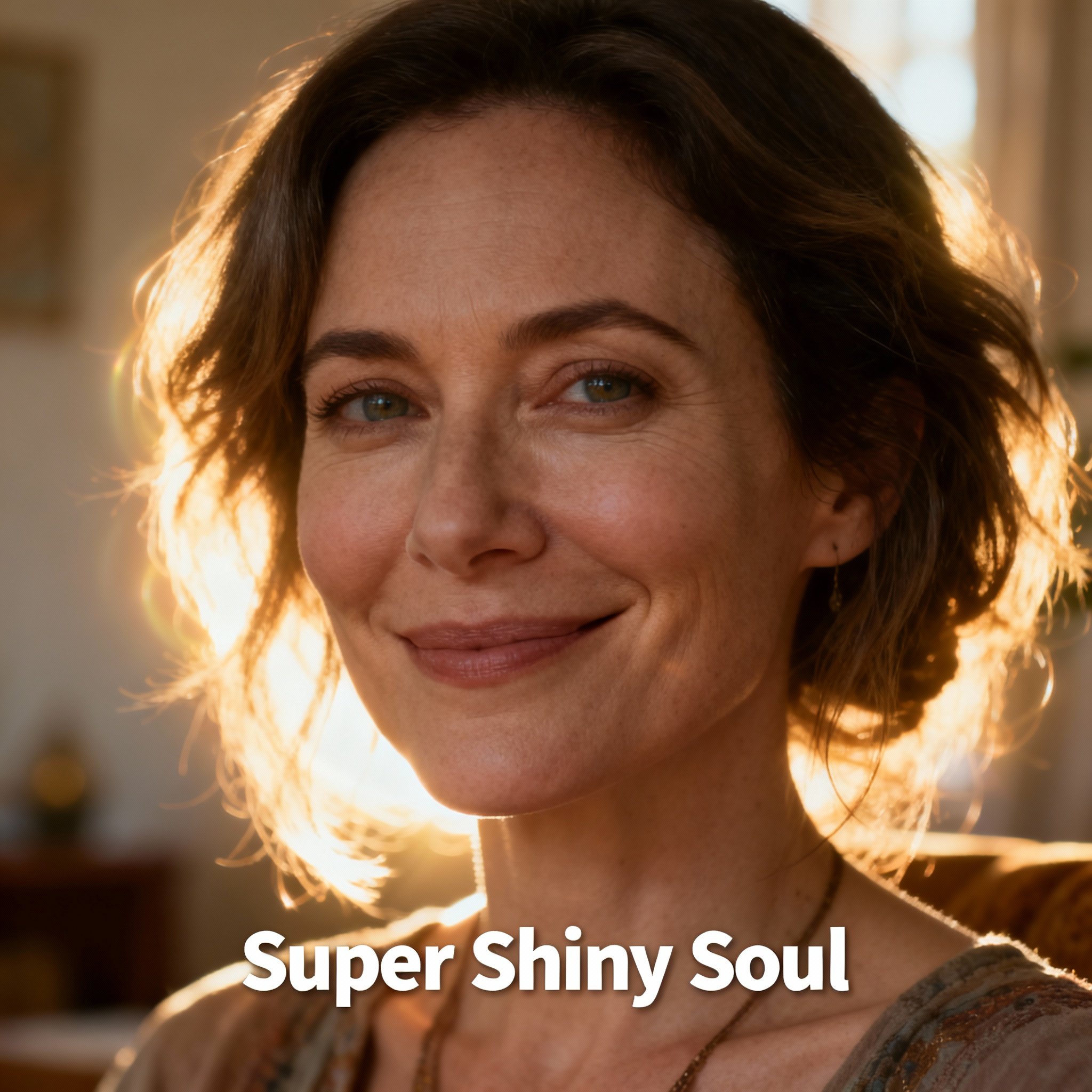 A portrait of a modern female psychic exuding wisdom and trustworthiness, with a sincere gaze and a gentle smile against a soft, warmly lit background.