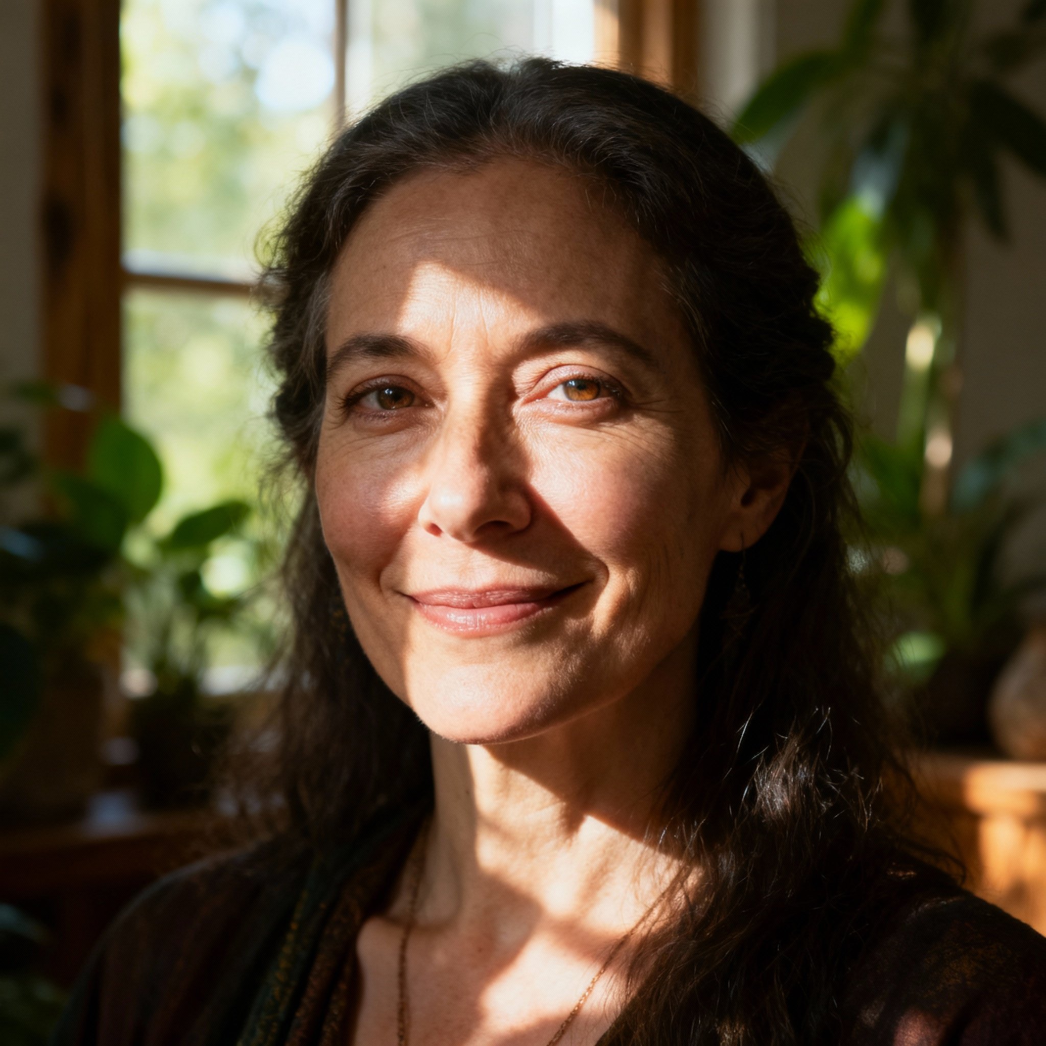 A close-up portrait of a psychic named NatureMystic, who has a warm, wise smile, set against a backdrop of soft natural light and plants, evoking a sense of trust and tranquility.