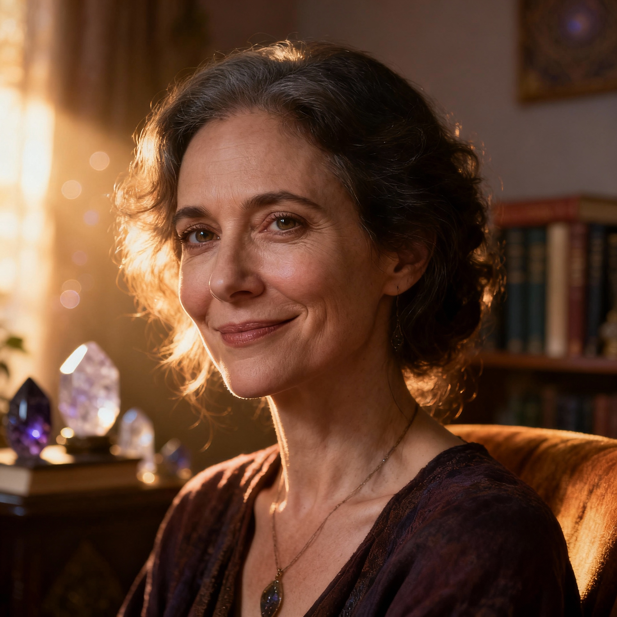 A close-up portrait of a wise and compassionate female psychic with a gentle smile. The background is soft and warm, creating a trustworthy atmosphere.