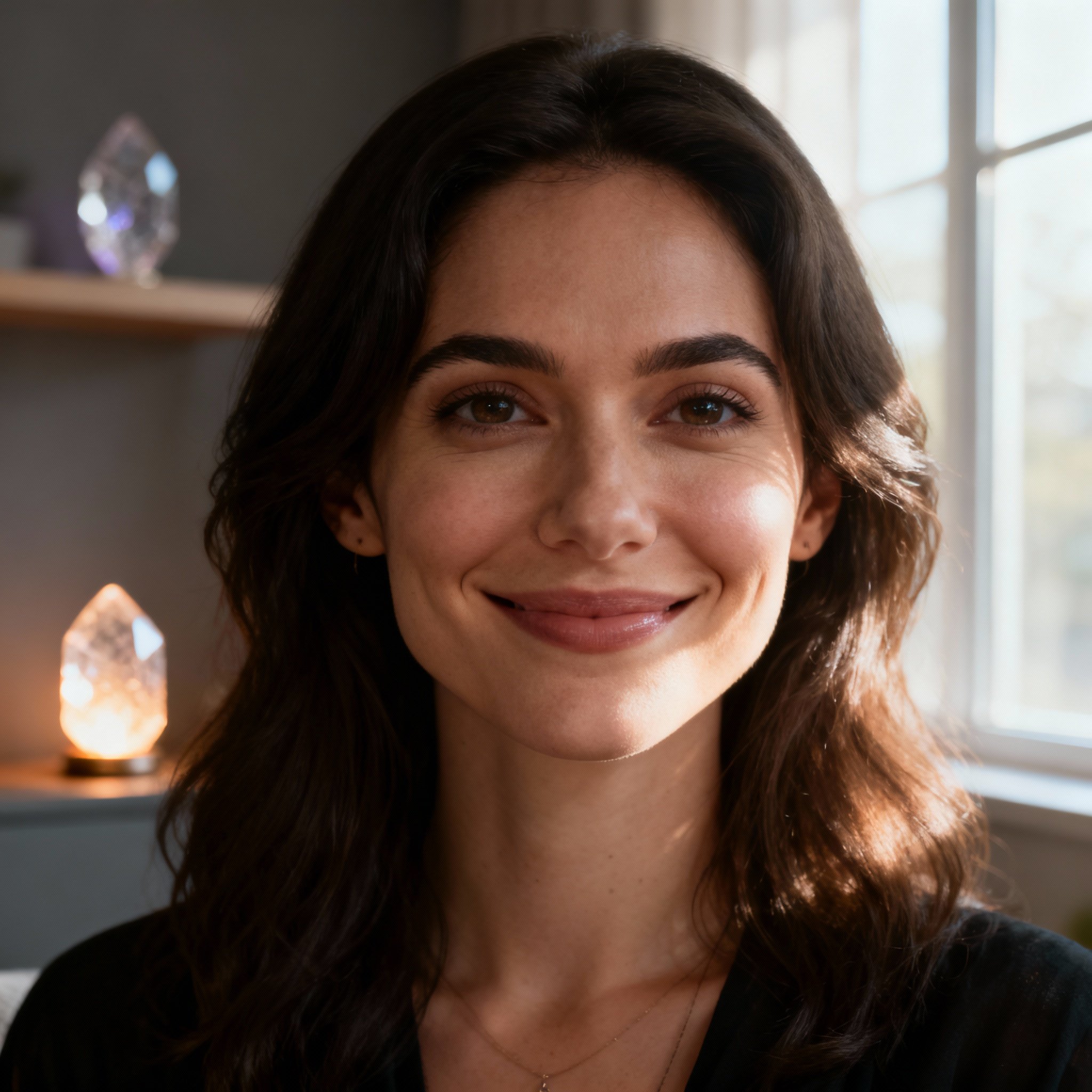A close-up portrait of a female psychic named Sunny, who has a warm and confident smile, with soft lighting in the background creating a sense of trust.