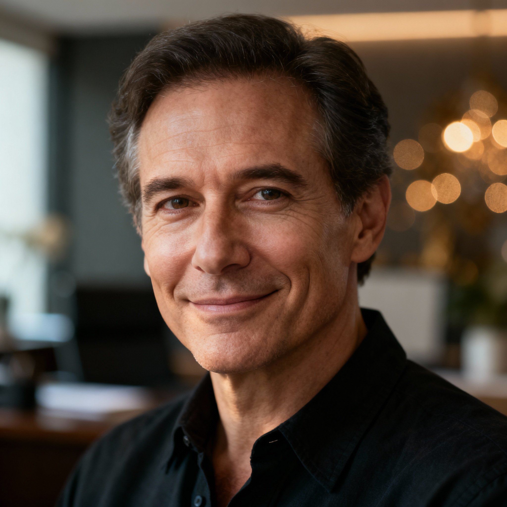 A close-up portrait of a male psychic advisor in his late 40s, named Leon. He has a gentle yet confident smile and an empathetic gaze, conveying a sense of trustworthiness. The background is a soft, slightly blurred study with warm, bright lighting.