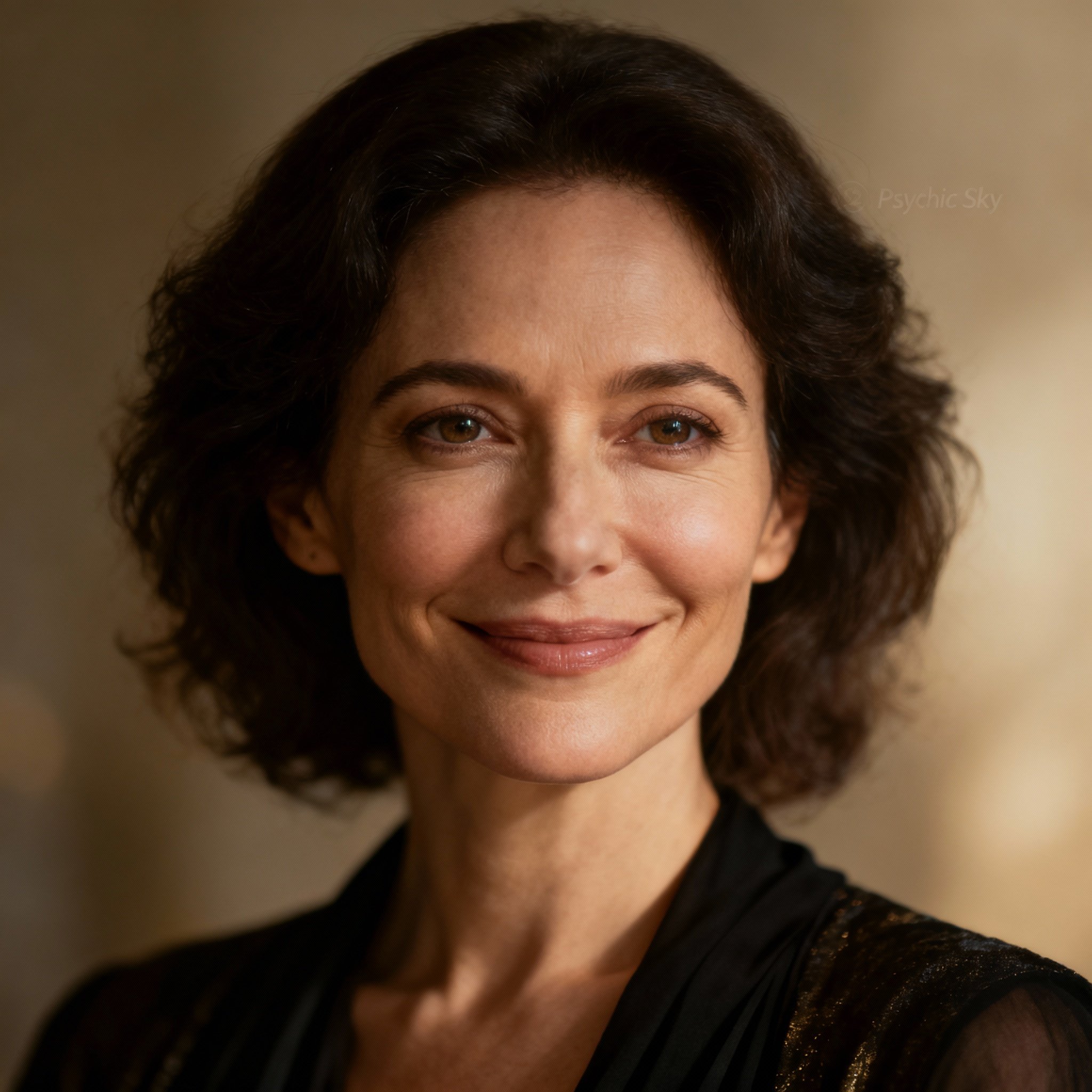 A close-up portrait of the female psychic, Psychic Sky, who exudes wisdom and compassion. She has warm, steady eyes and a gentle smile, with a soft background, conveying a professional and trustworthy atmosphere.