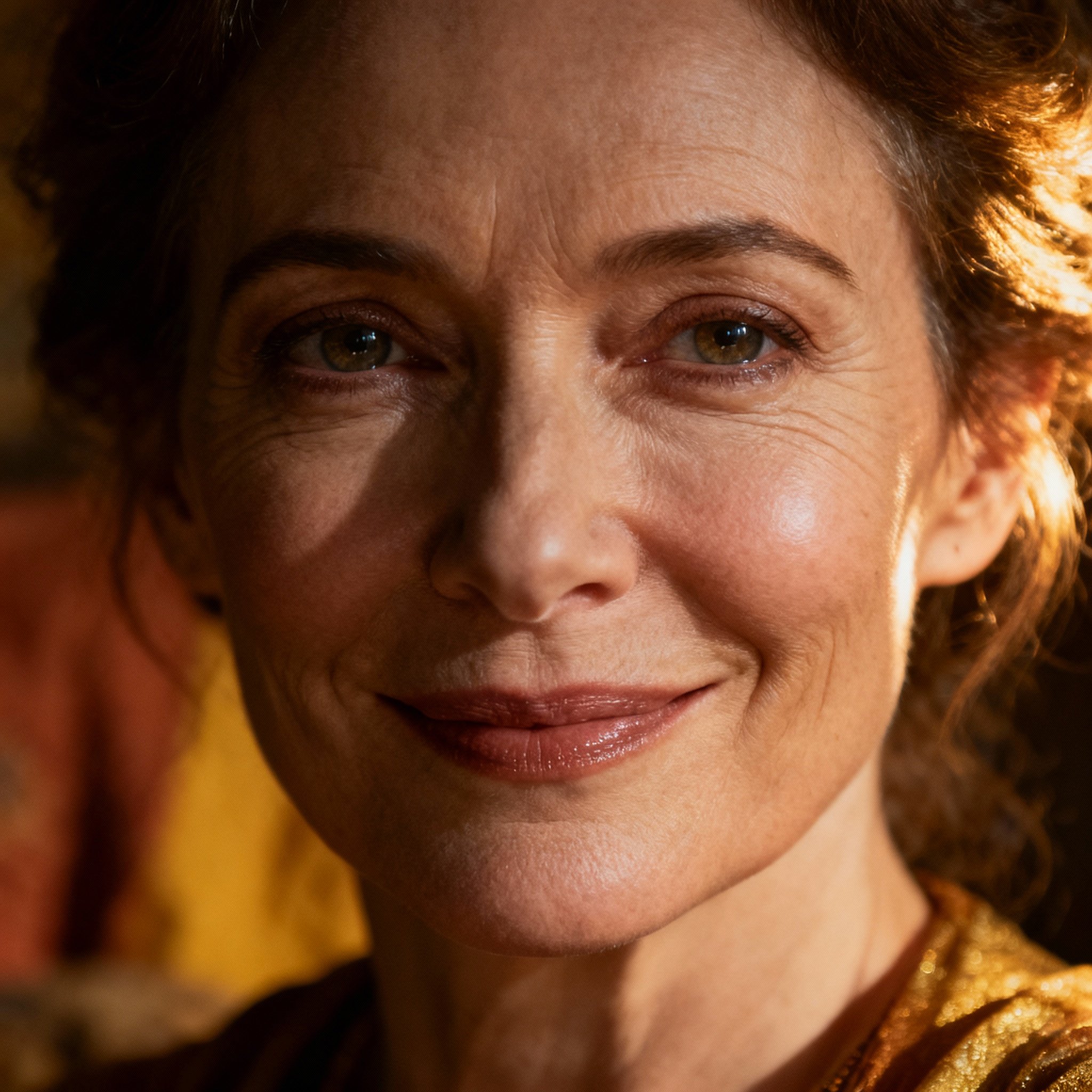 A close-up portrait of a wise and compassionate middle-aged female psychic with a warm gaze, set against a soft, inviting background, creating a sense of trust and safety.
