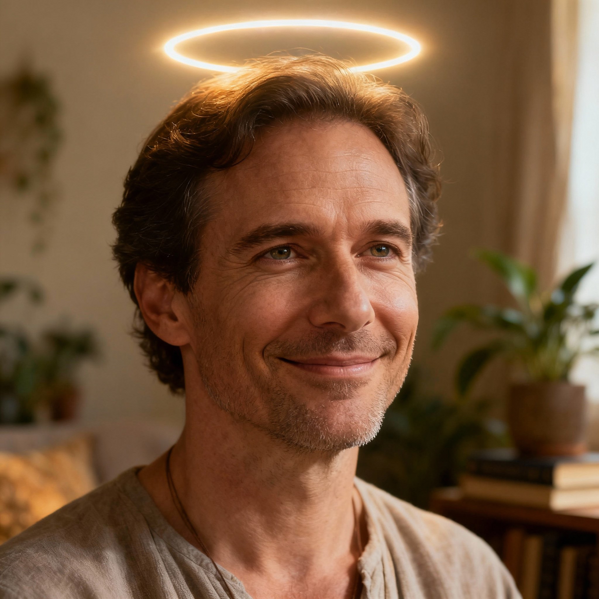 A middle-aged man with a gentle smile and wise, kind eyes, set against a soft background, creating a trustworthy atmosphere. This is Lucas the psychic.