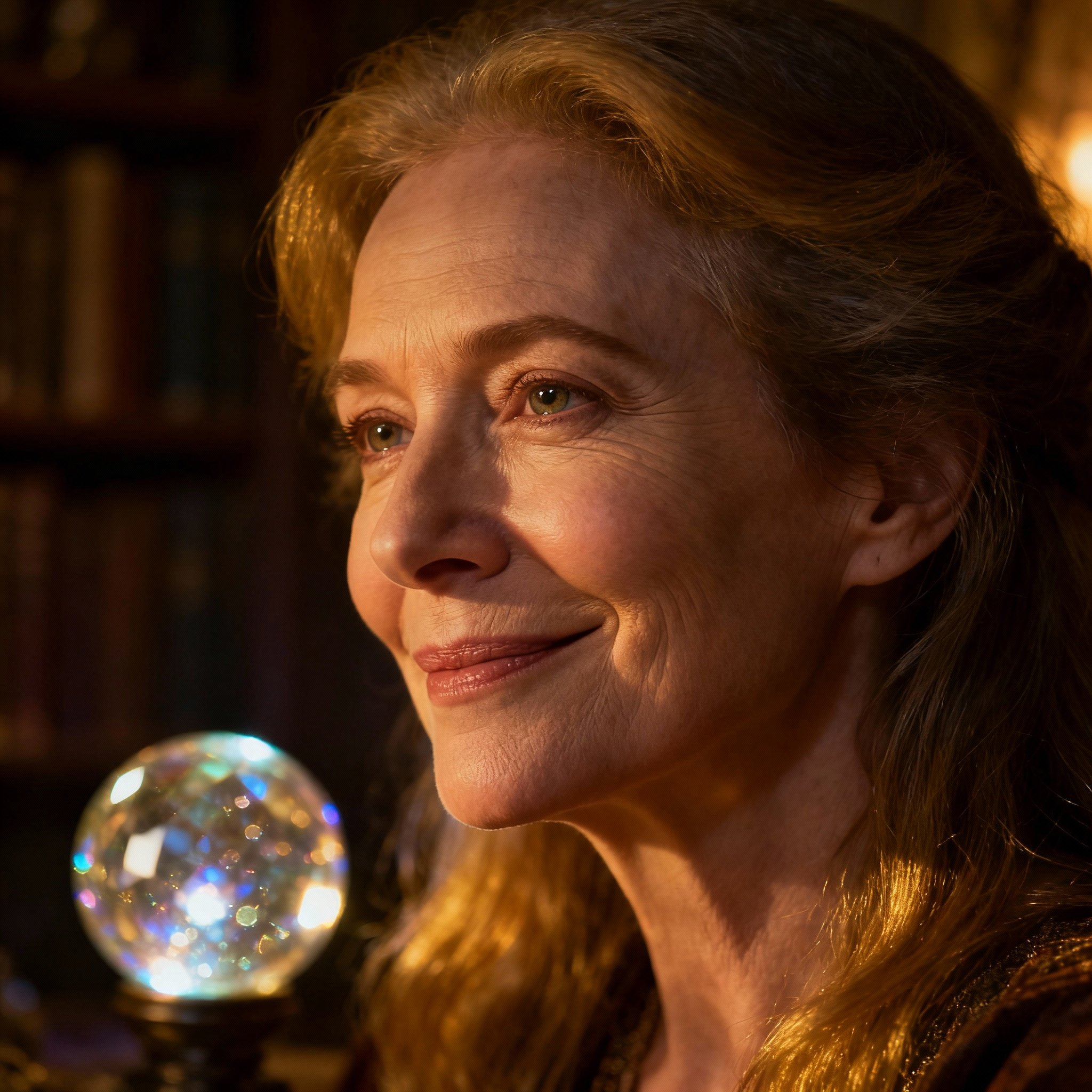 A close-up portrait of a wise and compassionate middle-aged female psychic. Her eyes are full of understanding, set against a background of soft, warm light and blurred mystical elements, creating a trustworthy atmosphere.