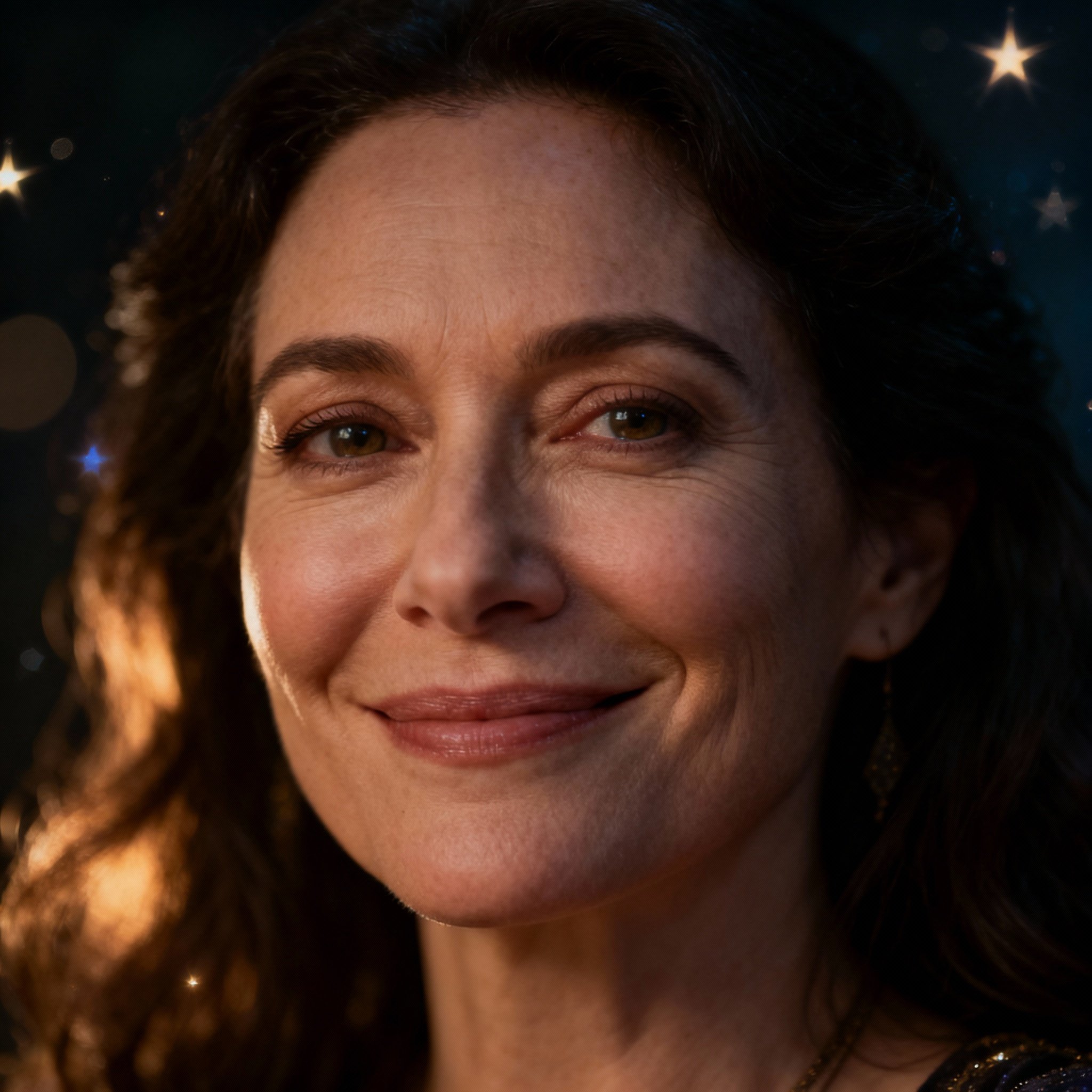 A close-up portrait of Majestic Star, a compassionate and wise middle-aged female psychic. Her eyes are warm and steady, set against a soft starlight background, conveying a strong sense of trust and understanding.