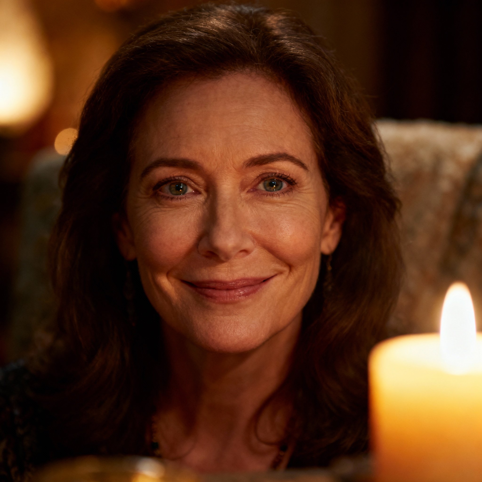 A close-up portrait of a wise and compassionate female psychic, with a spark of understanding in her eyes, against a soft and warm background that creates a trustworthy atmosphere.