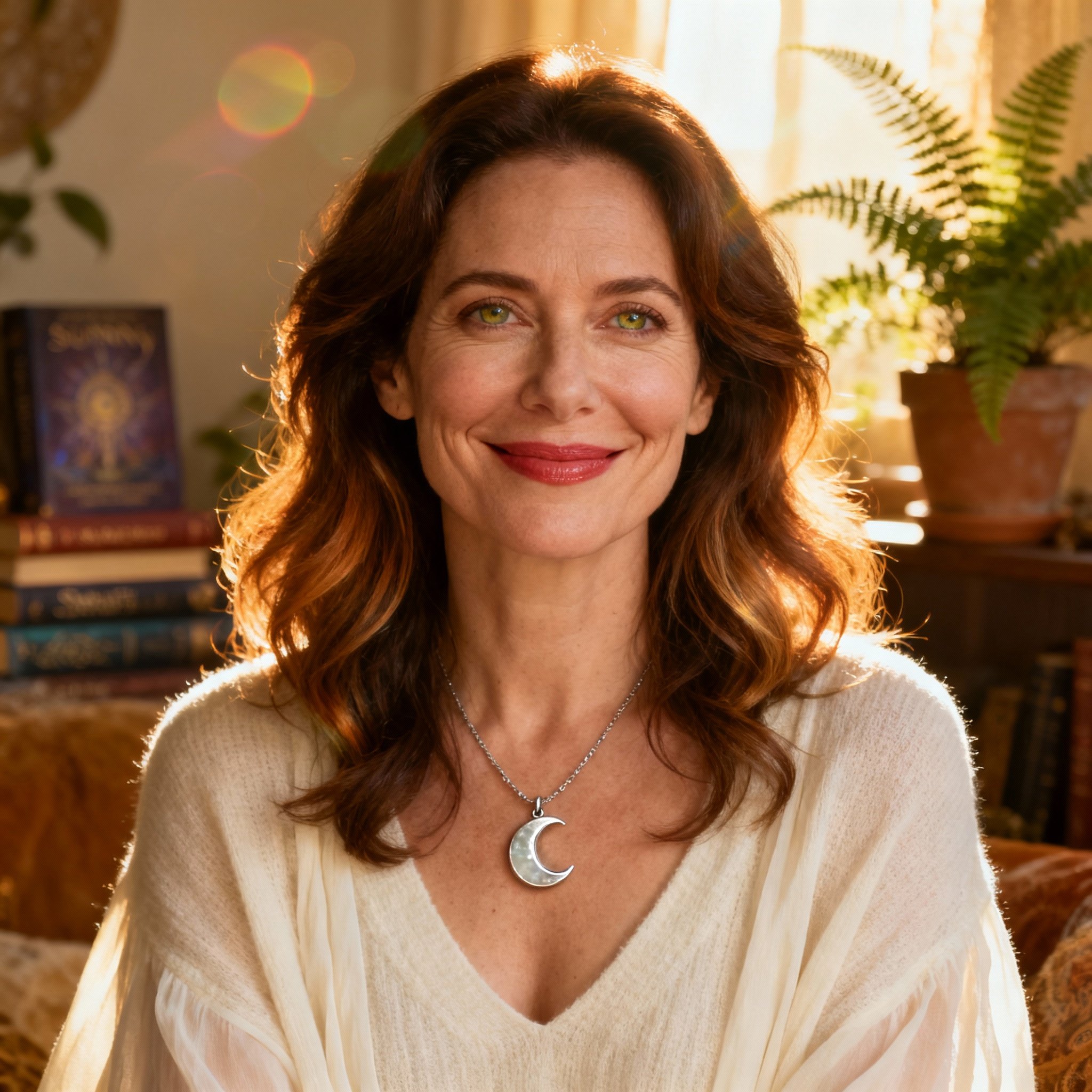 A close-up portrait of psychic Sunny444, featuring a warm, empathetic smile and eyes full of wisdom and calm. The background is softly lit, creating a sense of trust.