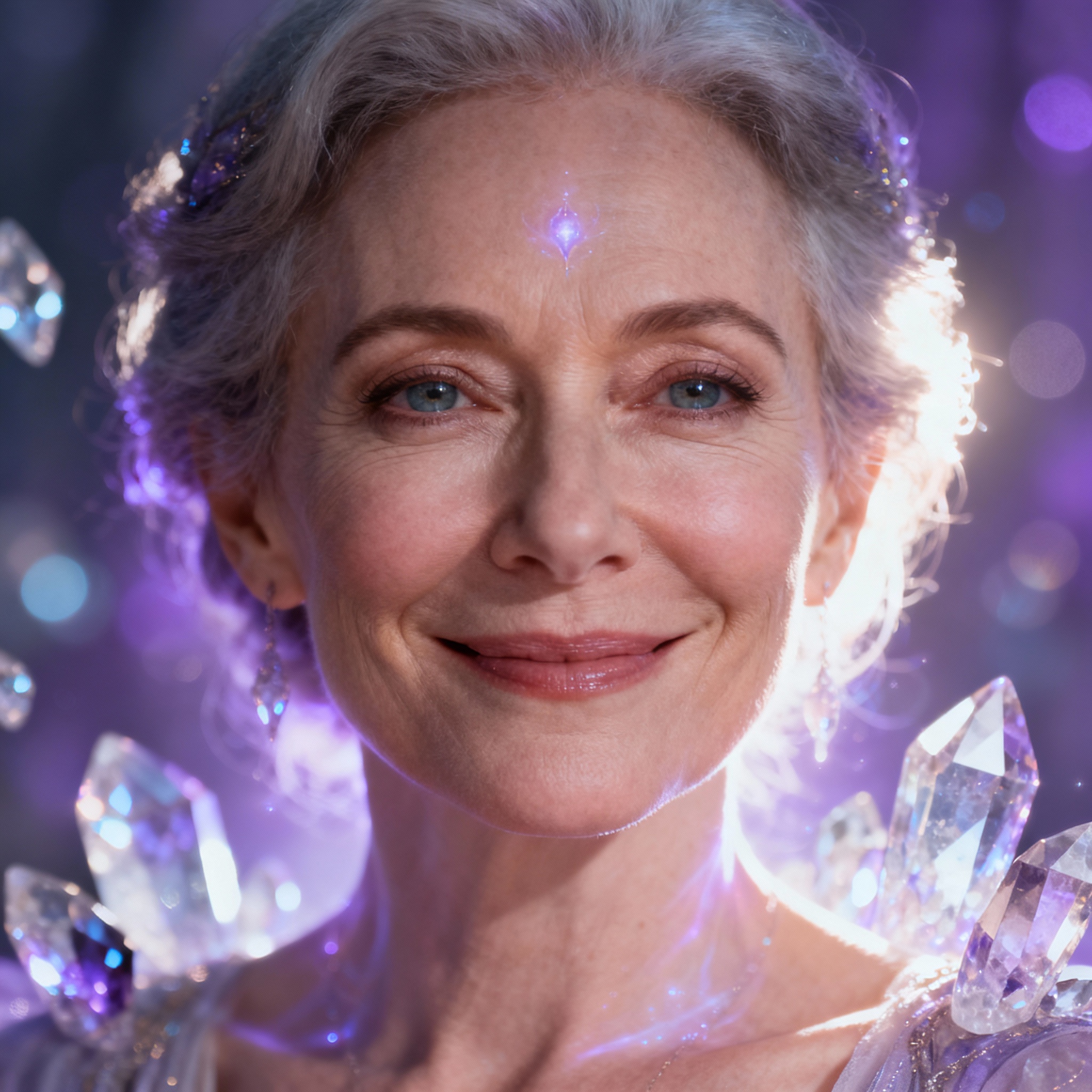 A close-up portrait of a psychic named Gemgodess. She is a mature woman whose eyes convey deep compassion and wisdom. Soft, warm light illuminates her from the side, creating a subtle aura around her, with a background of shimmering, crystal-like bokeh, creating a serene and trustworthy atmosphere.