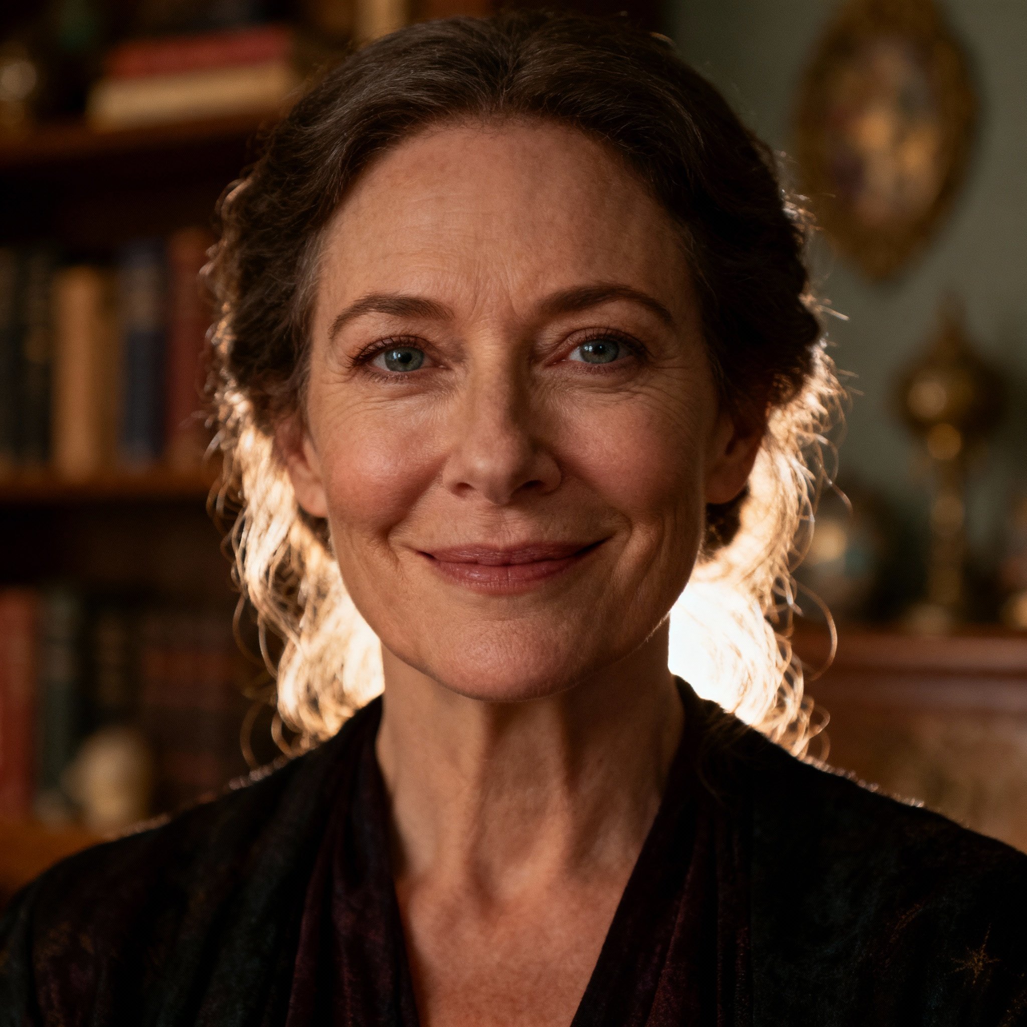 A close-up portrait of a middle-aged female psychic named Isabella. She has a warm, empathetic smile and her eyes convey wisdom and compassion, creating a sense of trust.