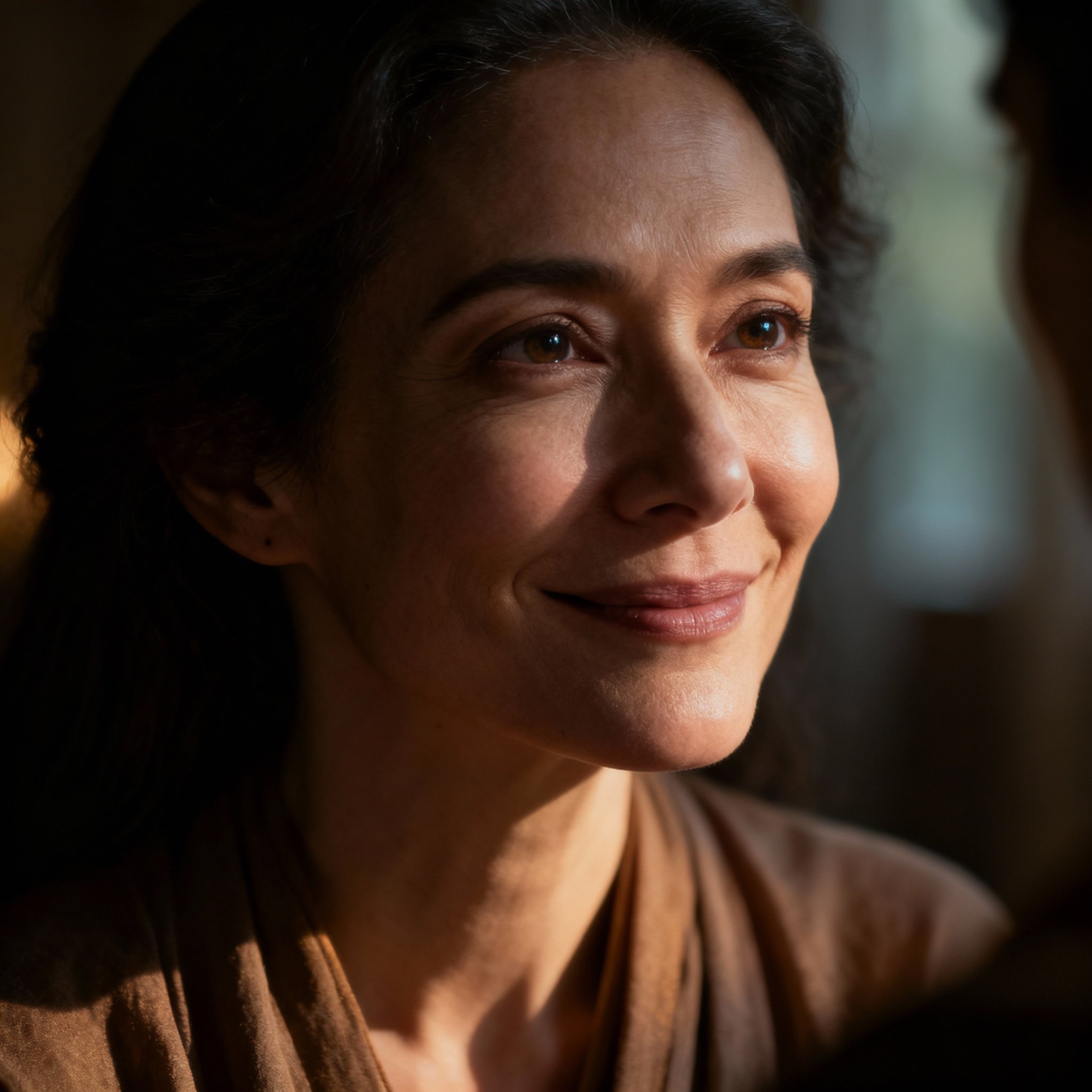 A close-up portrait of Medium Juliet, a wise and compassionate female psychic. She has a gentle gaze, and warm light illuminates her face, creating a trustworthy atmosphere.