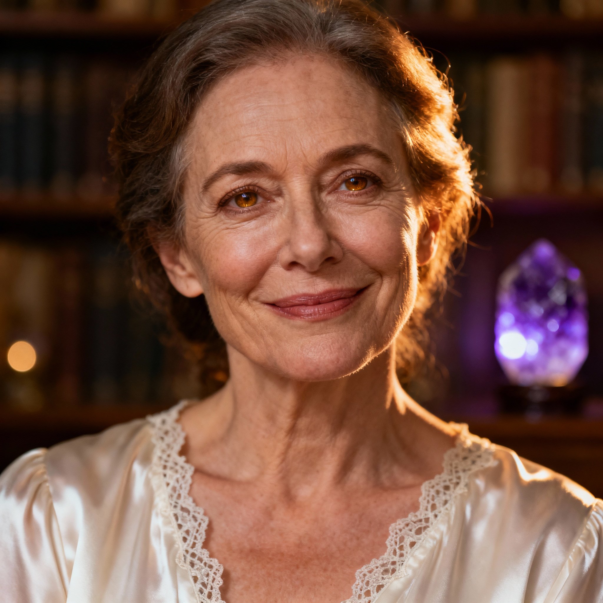 A close-up portrait of a psychic named Amy the Mystic. She has a gentle smile and wise, compassionate eyes, with a soft background that creates a feeling of warmth and trust.