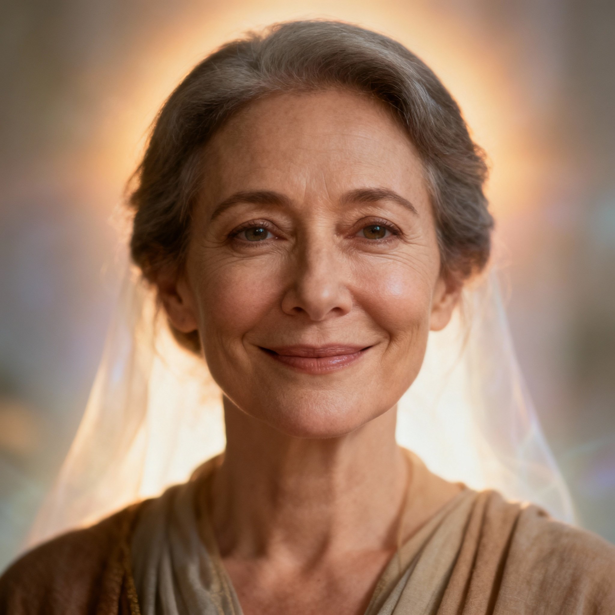 A close-up portrait of a wise and compassionate-looking middle-aged woman. She has gentle eyes and a warm smile, with a soft glow in the background, creating an atmosphere of trust and serenity.